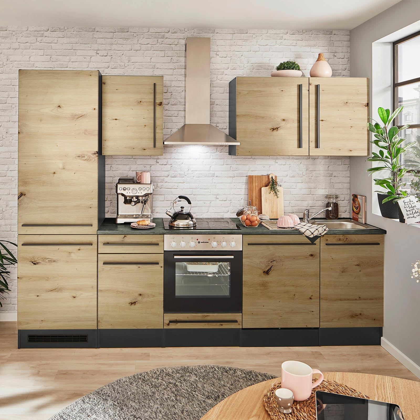 Küchenzeile Jazz 8 mit Geräten 250 cm Anthrazit/Eiche Dekor