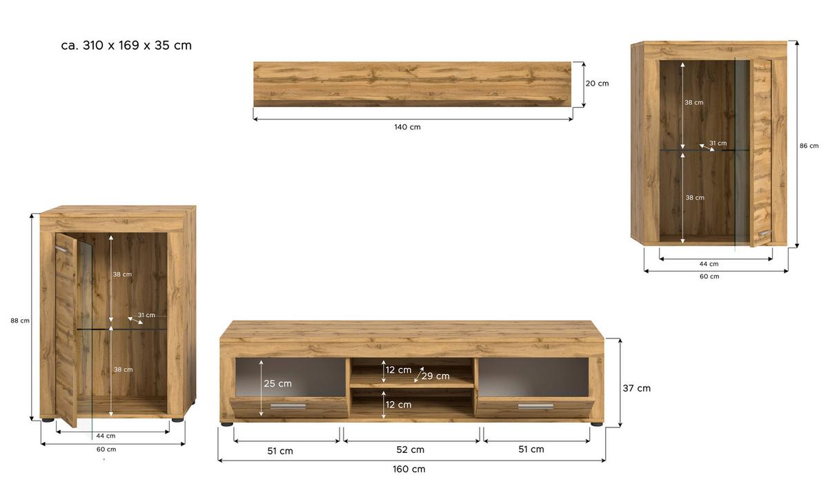 Wohnwand Jam Eiche Wotan Dekor B: 310cm - Eiche Wotan/Schwarz, Design, Glas/Holzwerkstoff (310/169/35cm) - MID.YOU