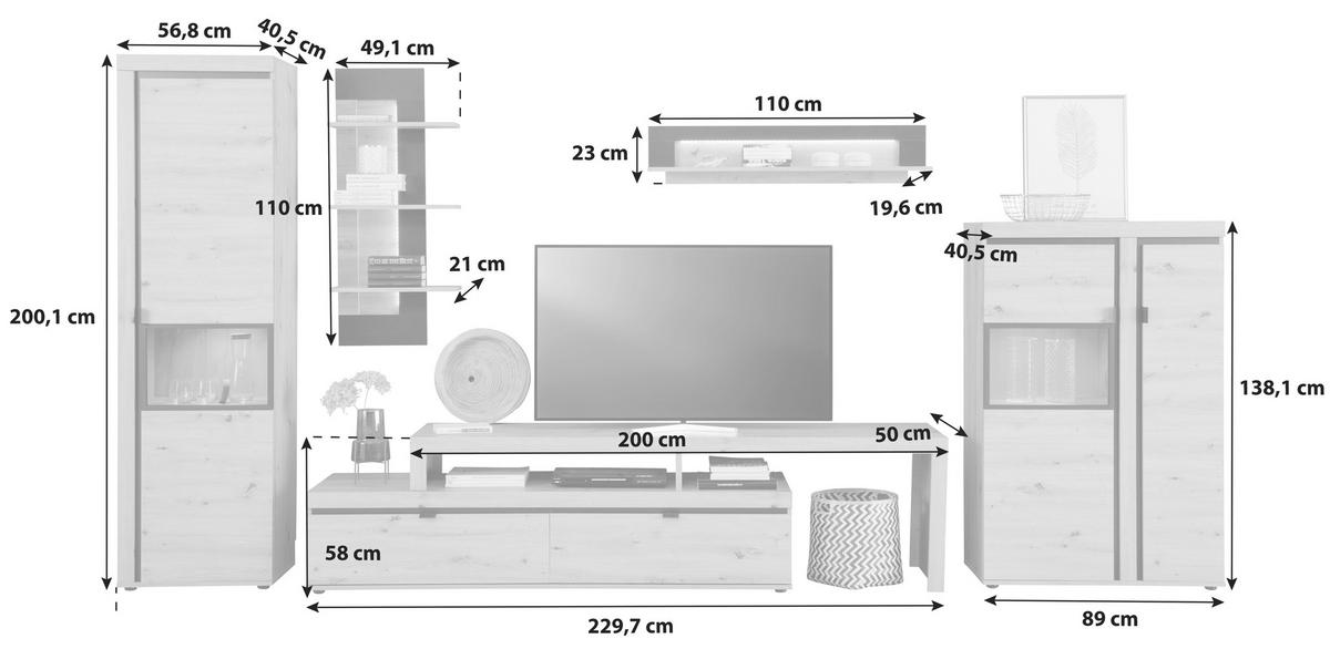 Wohnkombination 5-Tlg. mit Led Nyon, Eiche Dekor/Schwarz - Eichefarben/Schwarz, MODERN, Glas/Holzwerkstoff (375,5/200,1/50cm)