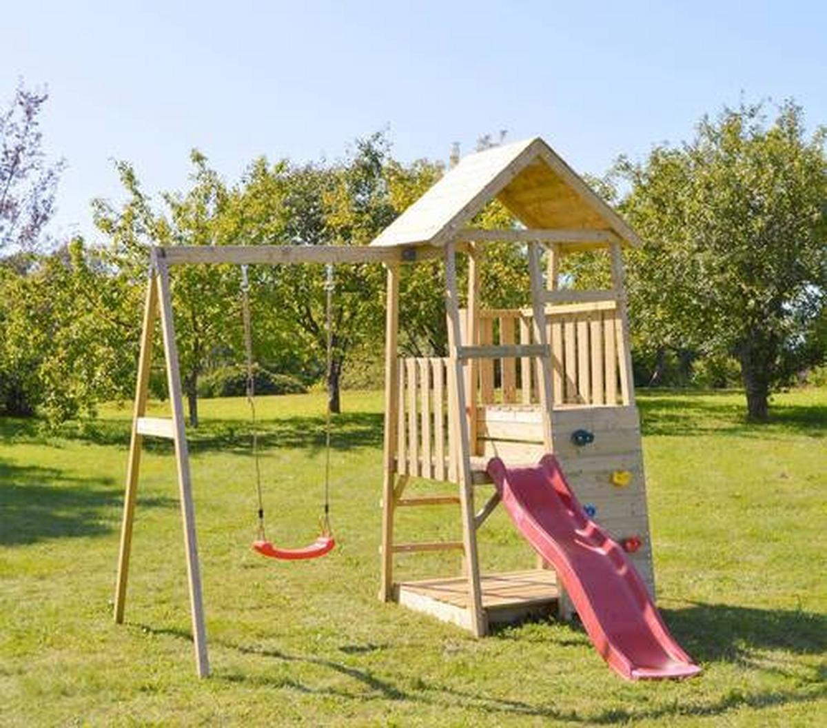 Spielturm Panda Naturfarben/rot, B: 270 Cm - Rot/Naturfarben, KONVENTIONELL, Holz (270/270/290cm)