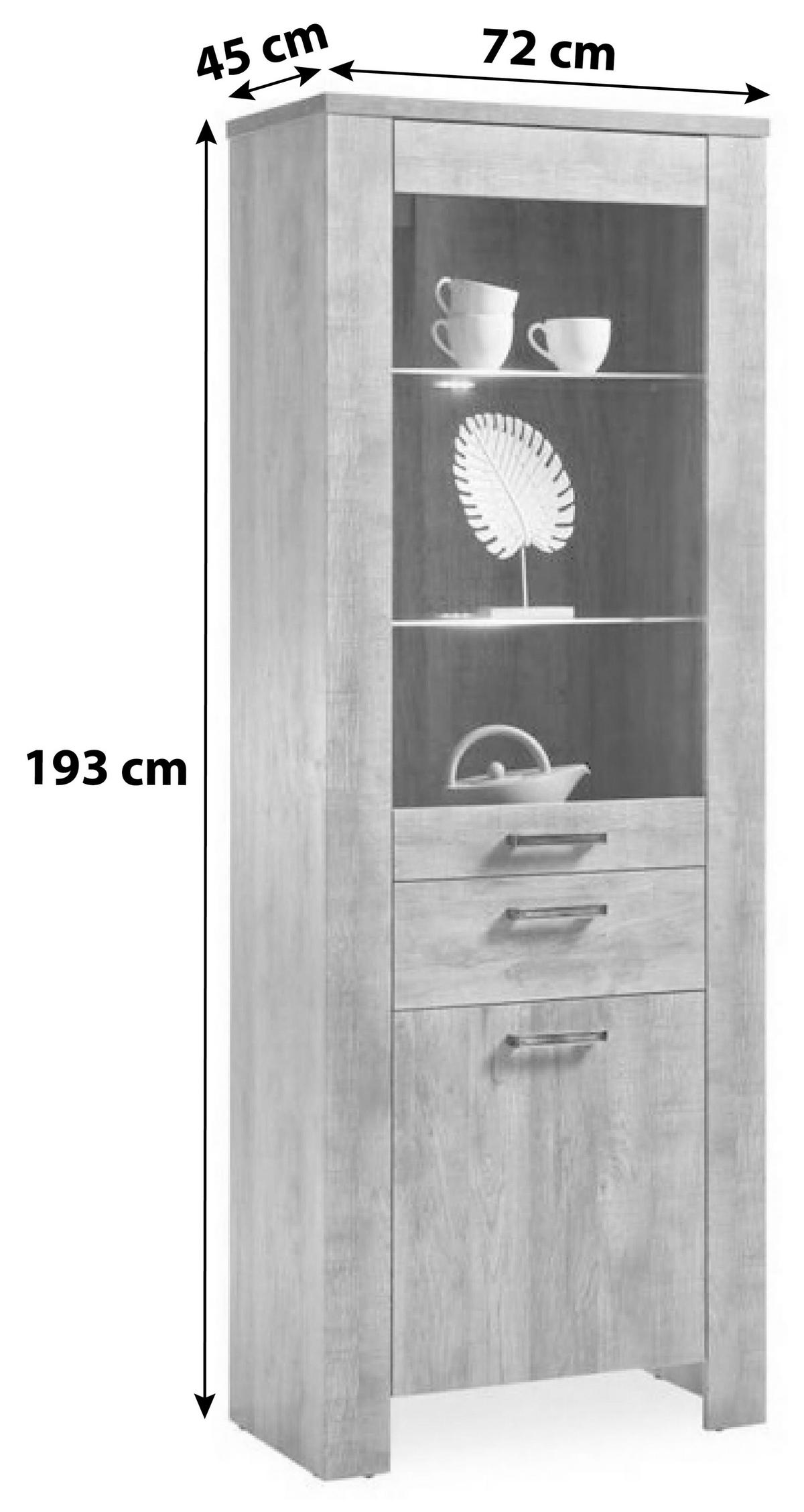 Vitrine Edmonton B: 72 cm Mit Led, Samdal Eiche Dekor - Eichefarben/Anthrazit, Basics, Glas/Holzwerkstoff (72/193/45cm) - MID.YOU