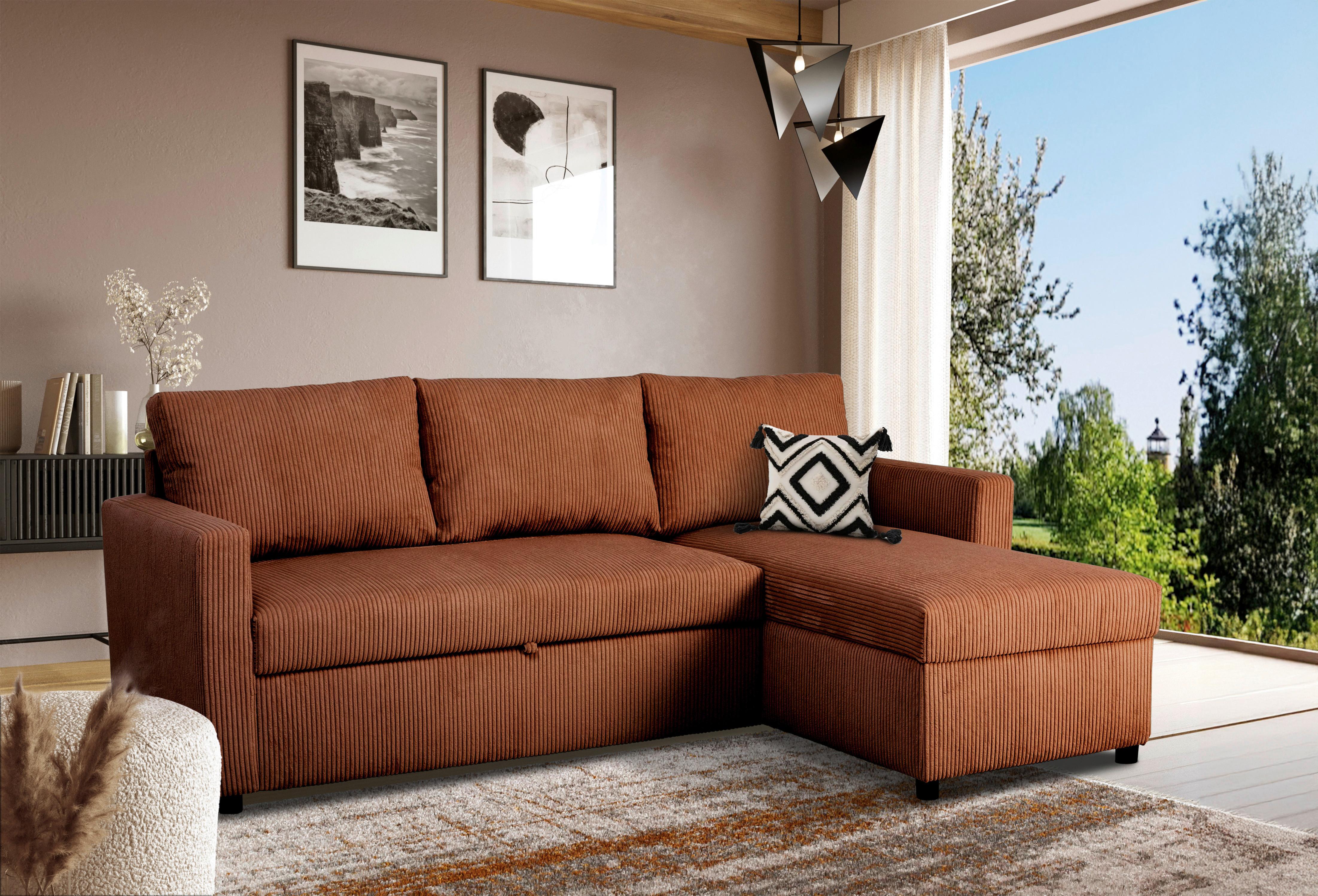 Ecksofa mit Schlaffunktion Paris Terracottacord 215x145cm - Terracotta, Basics, Holz/Holzwerkstoff (215/145/82cm)