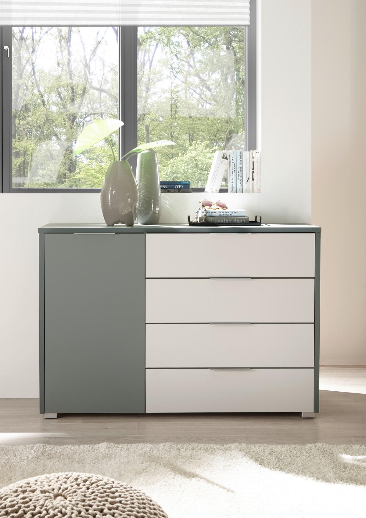 KOMODA MODESTE - šalvějově zelená/světle šedá, Moderní, kompozitní dřevo/plast (125/85/38cm)