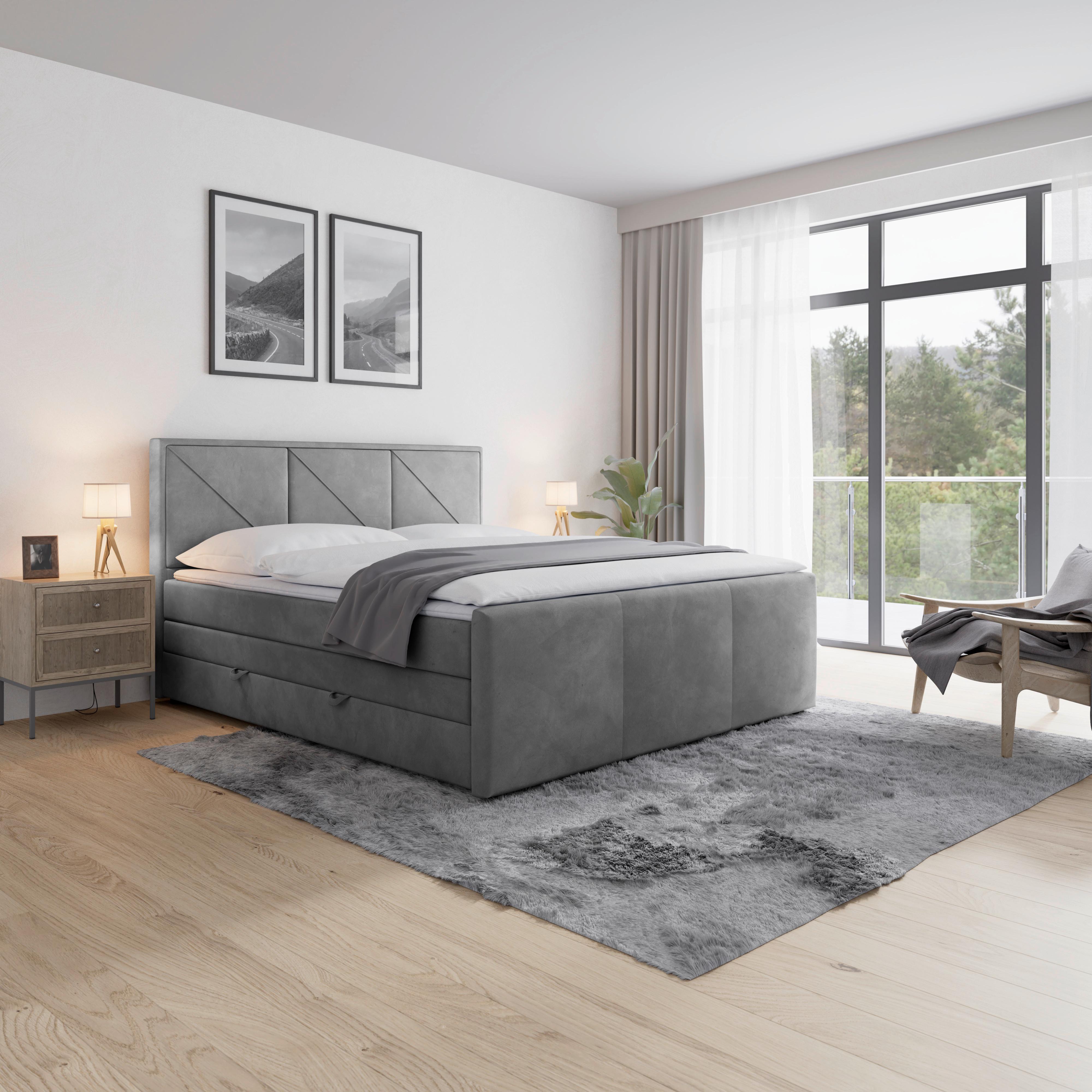 Boxspringbett Mit Topper & Bettkasten 180x200 Cm Bologna - Hellgrau/Schwarz, MODERN, Holzwerkstoff/Kunststoff (180/200cm) - MID.YOU