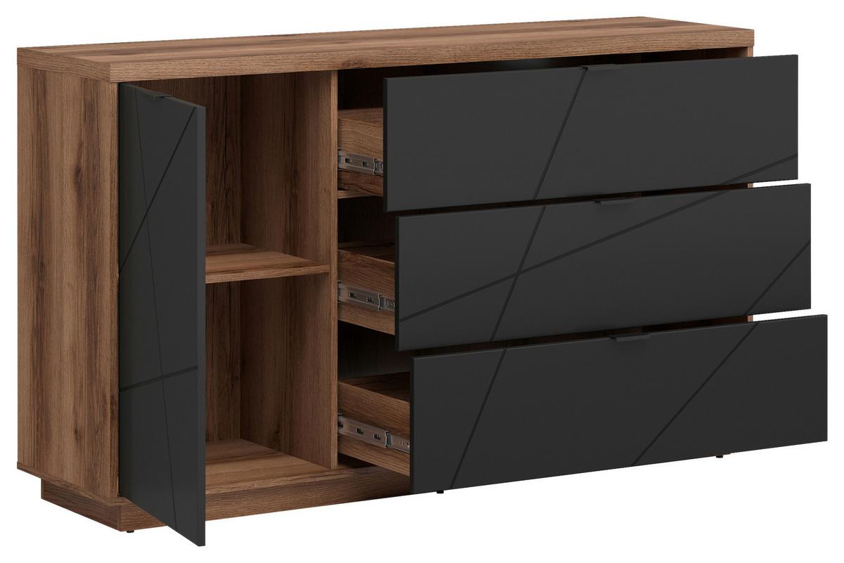Sideboard 156cm Eiche Dekor, Schwarz Matt - Eichefarben/Schwarz, Design, Holzwerkstoff (156/93/42,5cm)