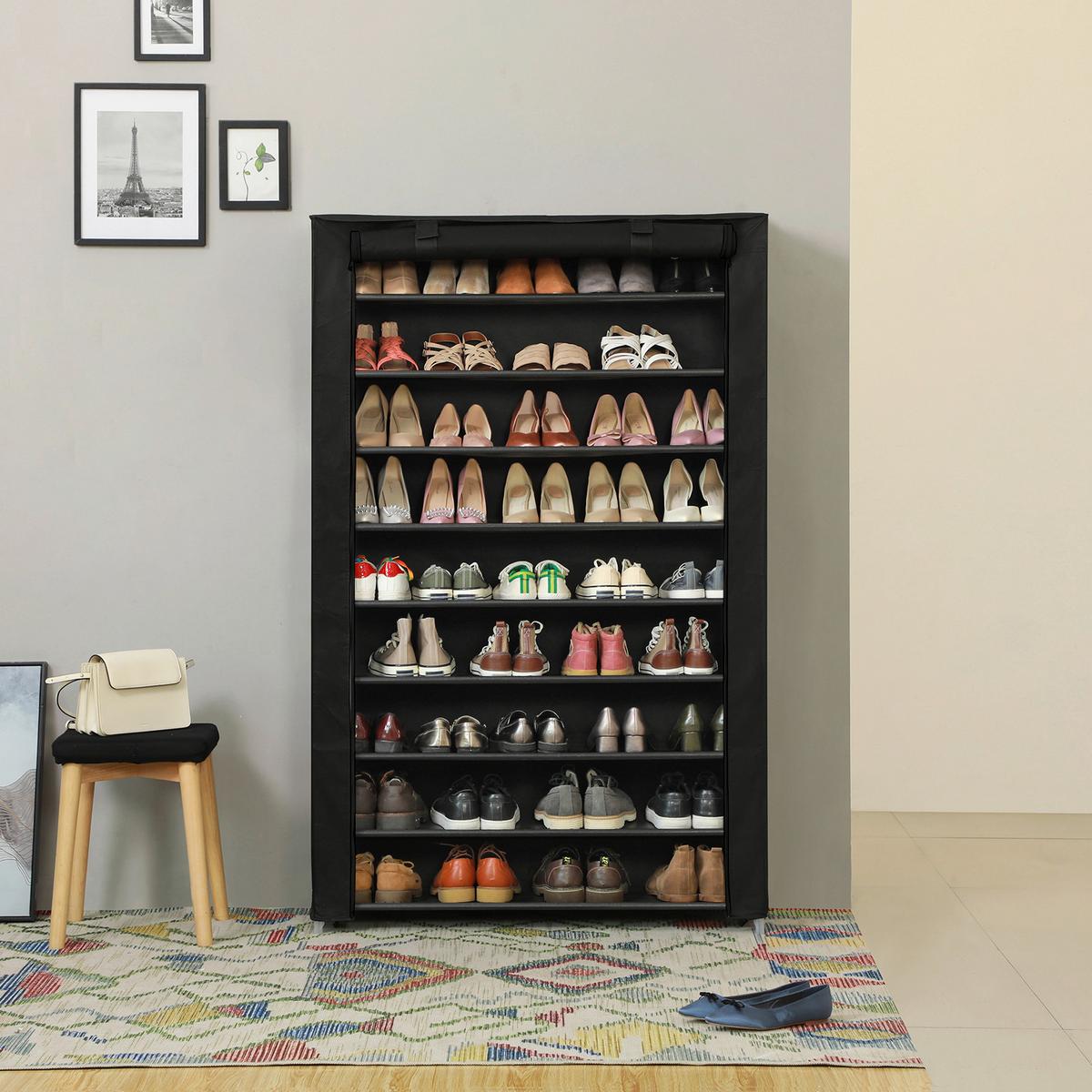 Regál na topánky čierny - priehľadné/čierna, Trend, textil (100/162/28cm) - Boxxx