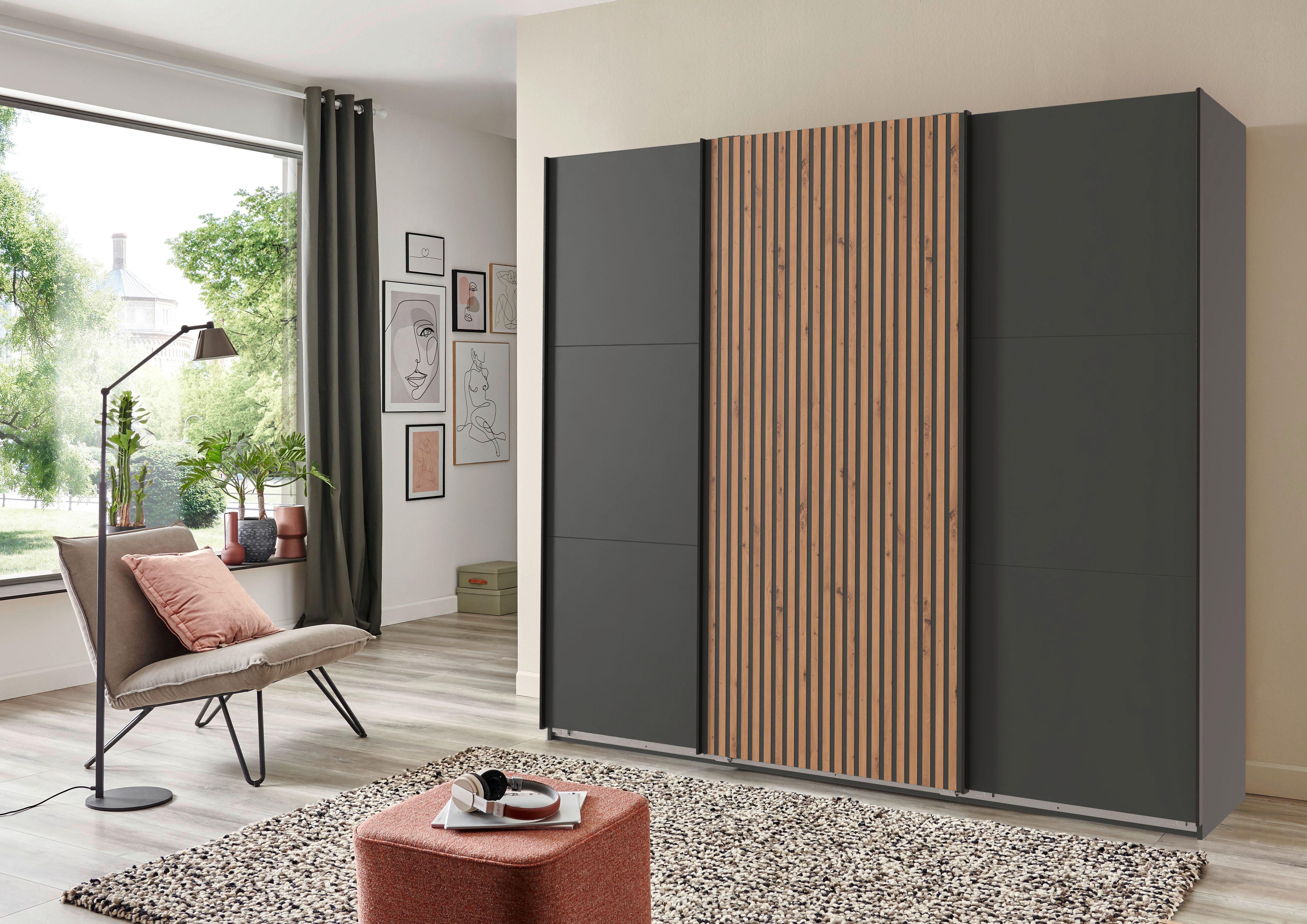 Schwebetürenschrank Andorra Eiche/graphitfarben B: 250 Cm - Eichefarben/Graphitfarben, MODERN, Holzwerkstoff (250/216/65cm) - MID.YOU