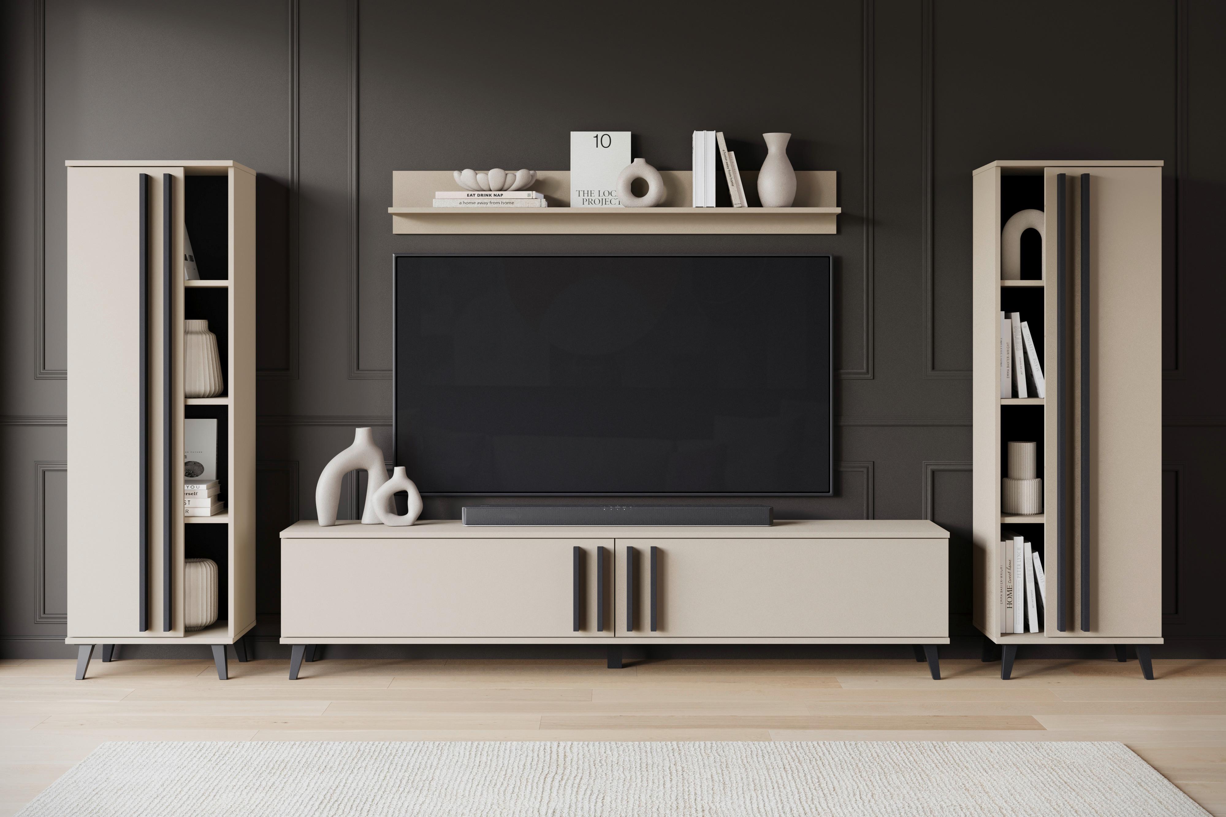 Wohnwand Helsinki 01 Beige/Congo B: 270 cm - Beige/Schwarz, Trend, Holzwerkstoff (270/140/33cm)