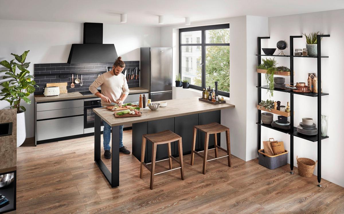 Einbauküche Indiana Frei Planbar Modern, Grifflos - Edelstahlfarben, MODERN, Holzwerkstoff - Vertico