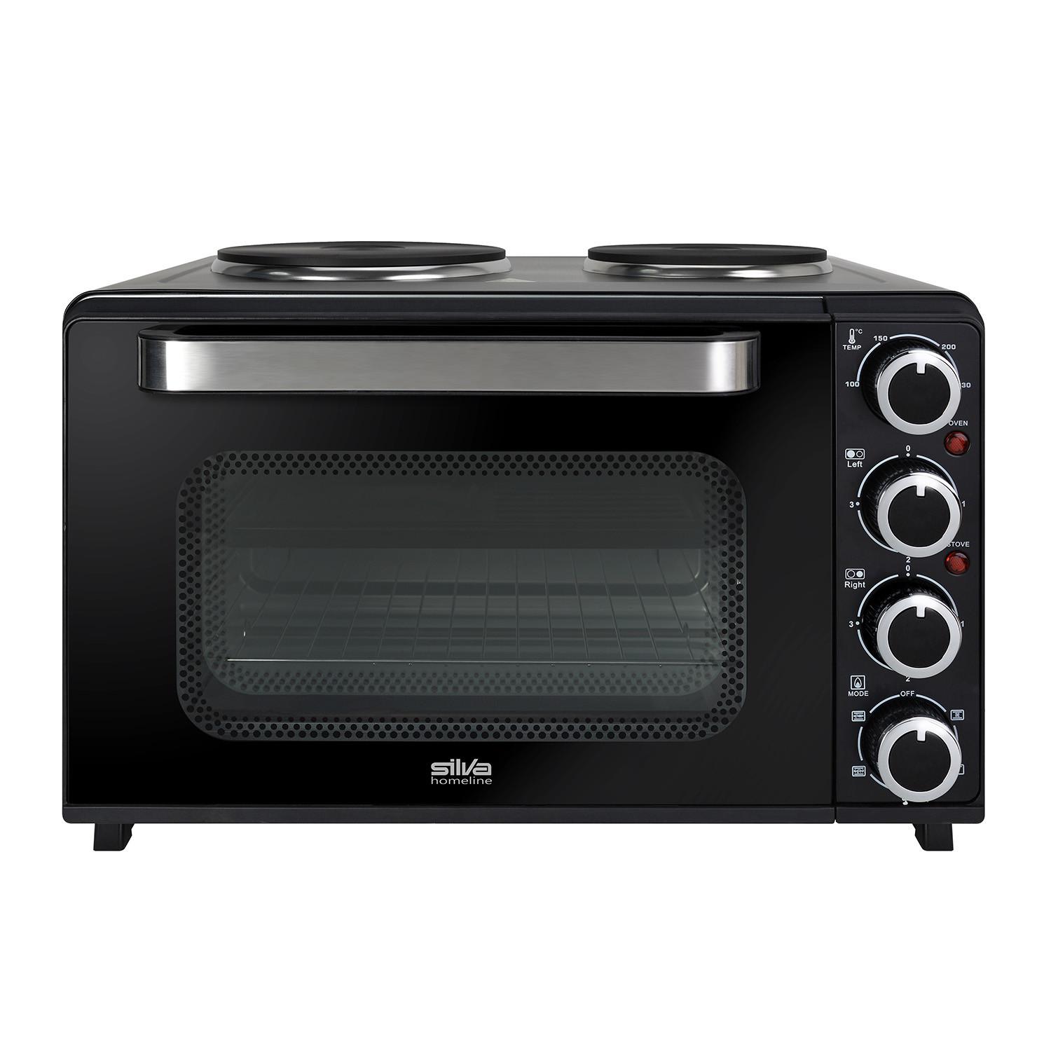 Mini-Backofen Kk 3200 Schwarz 3200 W mit Kochplatte - Schwarz, Trend, Glas/Kunststoff (53/32/43cm) - Silva Homeline
