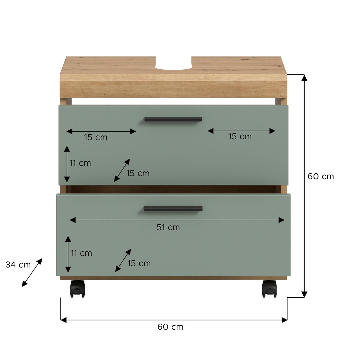 Waschbeckenunterschrank Scout Salbeigrün/Eiche Dekor B: 60cm - Salbeigrün/Schwarz, Trend, Holzwerkstoff (60/60/34cm) - MID.YOU