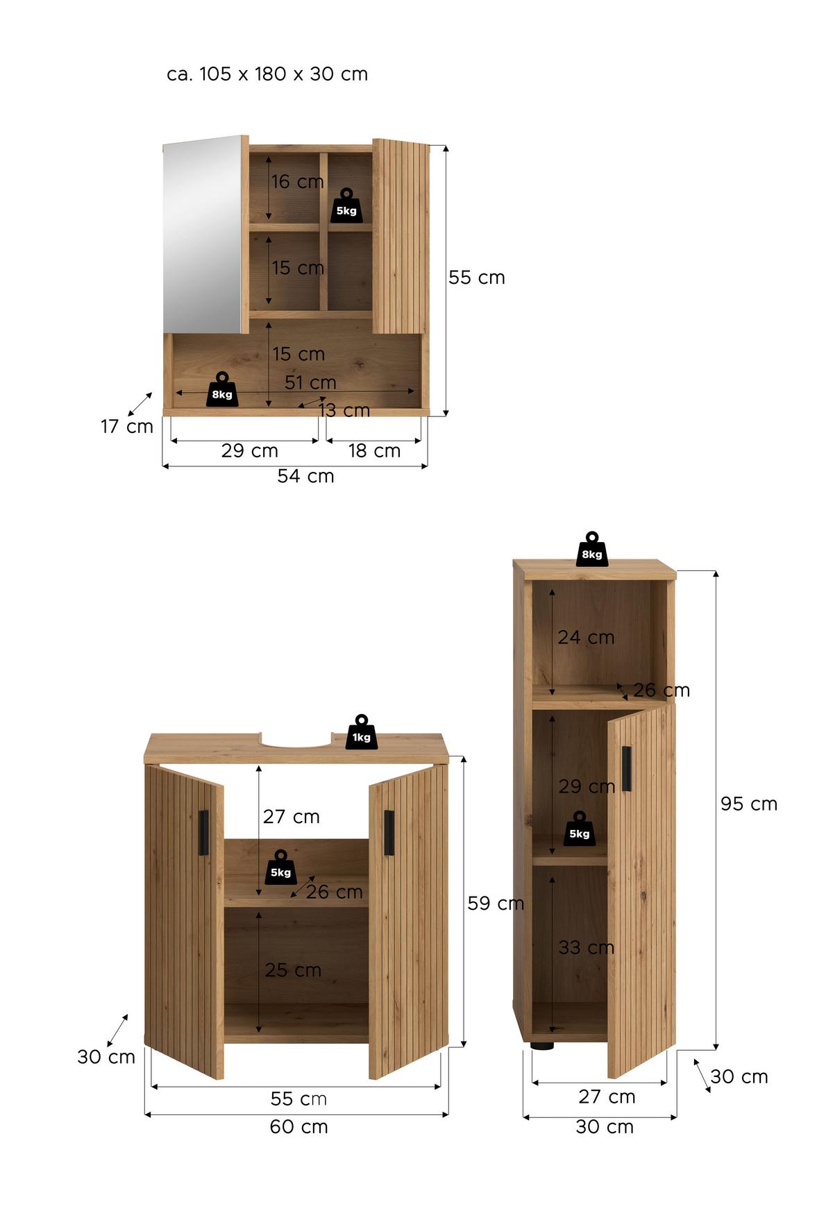 BADEZIMMER Eiche Artisan B: 105cm - Schwarz/Eiche Artisan, Basics, Holzwerkstoff (105cm) - MID.YOU