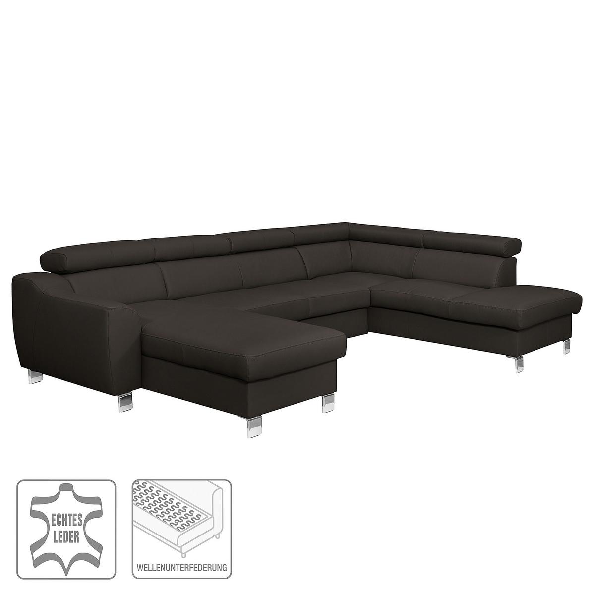 Wohnlandschaft Aspen Dbraun U-Form: 175 Cm - Chromfarben/Dunkelbraun, Design, Leder/Textil (175/315/208cm) - Livetastic
