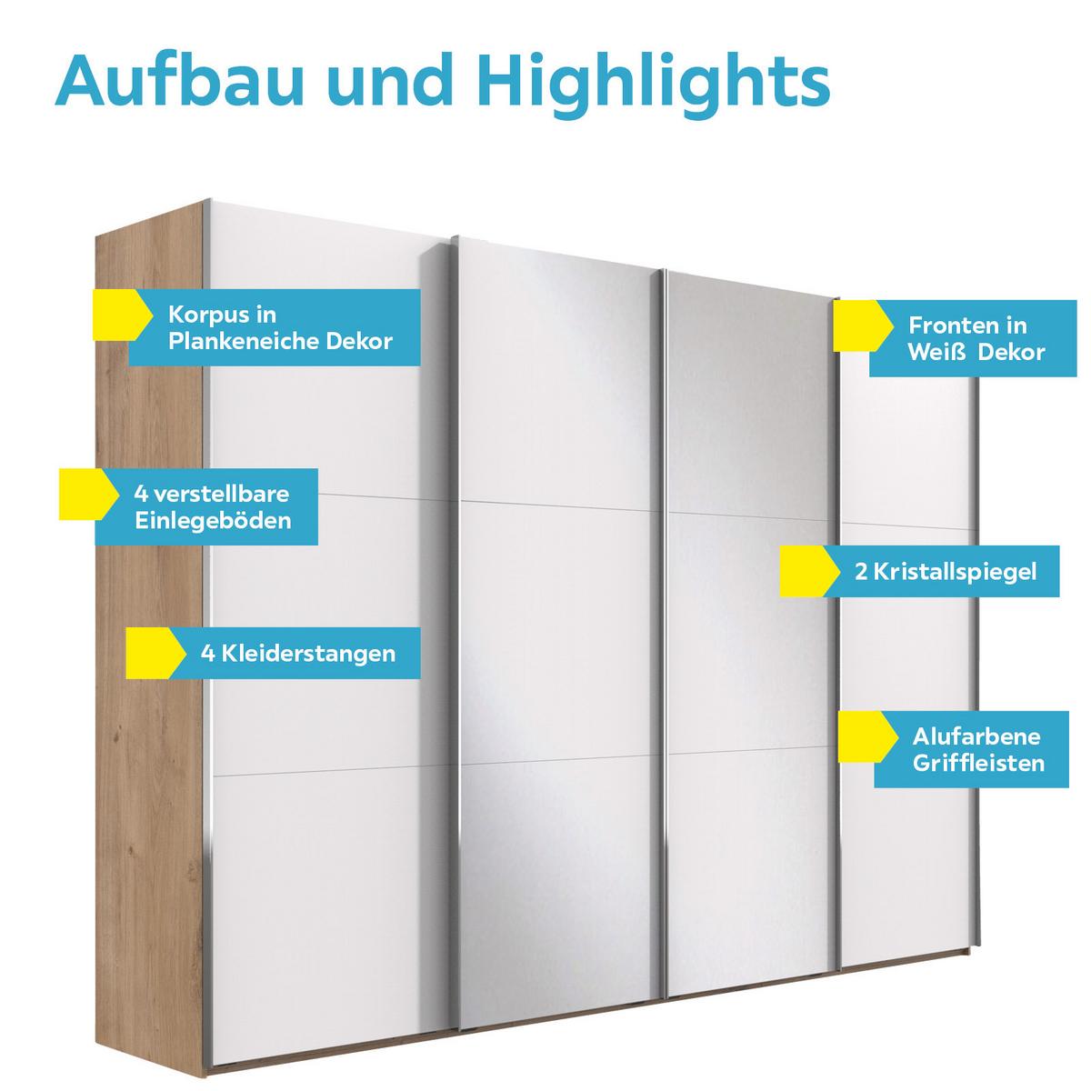 Schwebetürenschrank 350cm Level 36a, Weiß/eiche - Eichefarben/Weiß, Basics, Glas/Holzwerkstoff (350/216/65cm) - MID.YOU