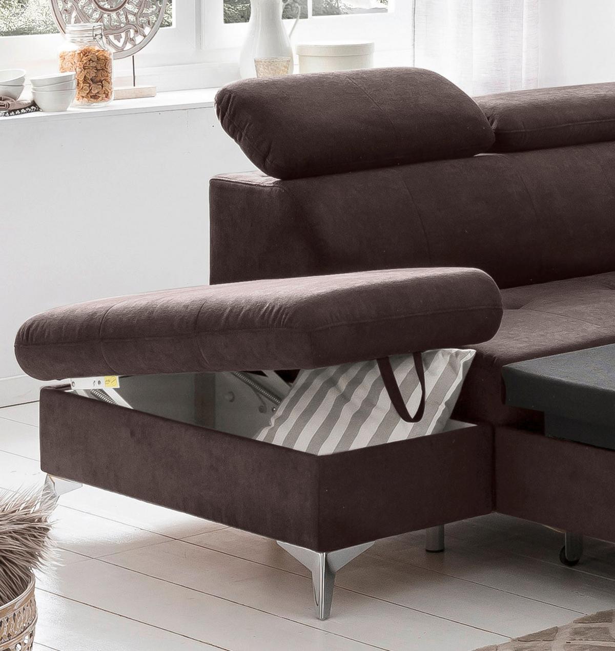 Ecksofa Mit Schlaffunktion Und Bettkasten Gisele Braun - Chromfarben/Dunkelbraun, KONVENTIONELL, Textil (209/256cm) - Livetastic