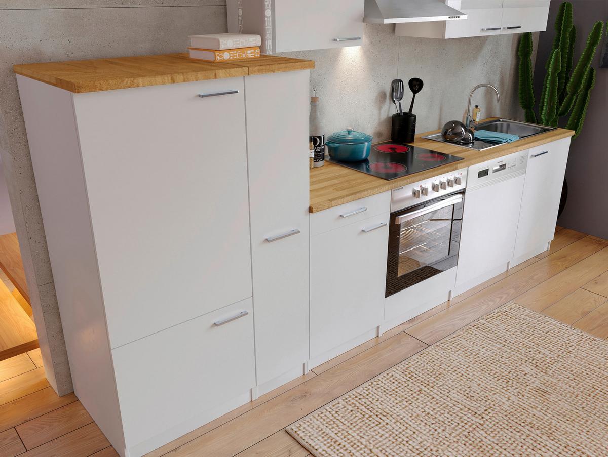 Küchenzeile Economy mit Geräten 310 cm Weiß/Nussbaum Dekor - Nussbaumfarben/Weiß, Basics, Holzwerkstoff (310cm) - Respekta