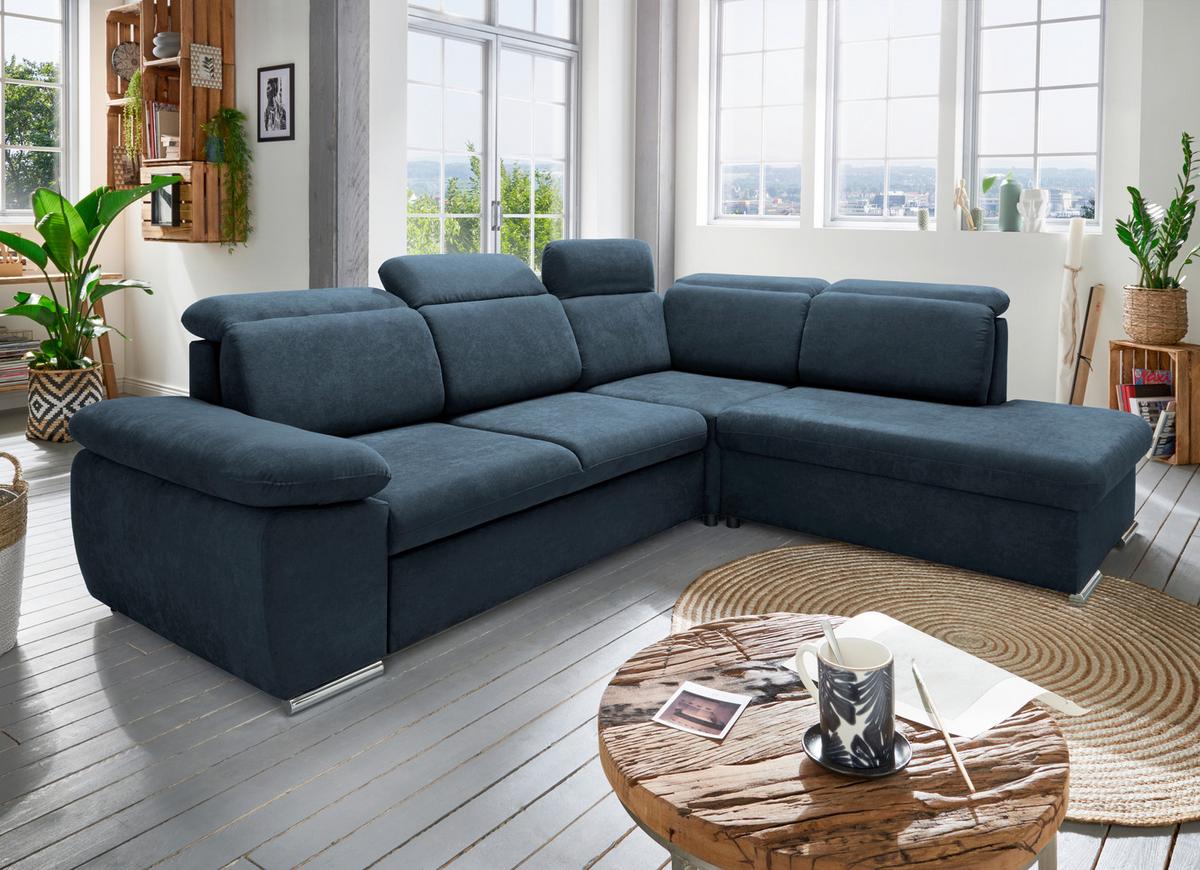 Ecksofa Vasto Dunkelblau S: 283x228 cm - Chromfarben/Dunkelblau, Design, Textil (283/228cm) - Livetastic