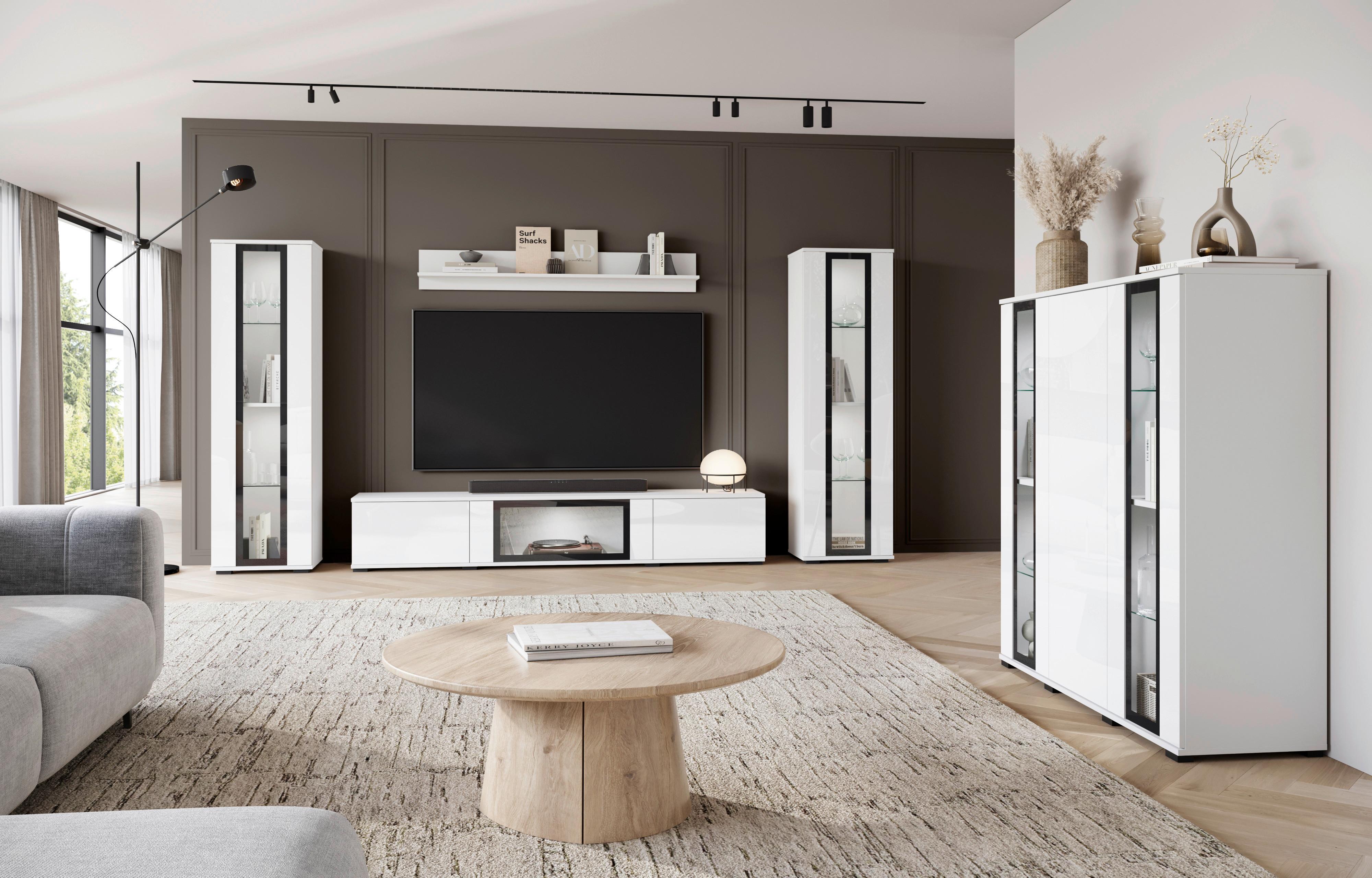 Kommode Caro Weiß B: 120 cm - Weiß Hochglanz/Schwarz, Design, Glas/Holzwerkstoff (120/121,9/39,5cm) - Livetastic