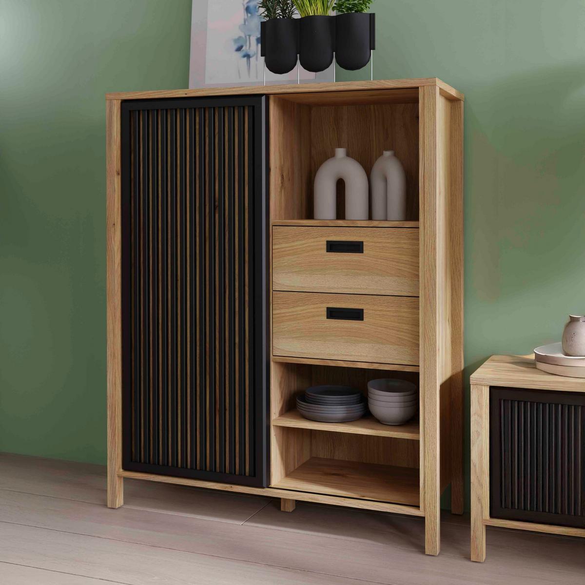 VYSOKÁ KOMODA JYTANA - čierna/farba duba, Modern, kompozitné drevo (103,4/129,9/40,2cm)