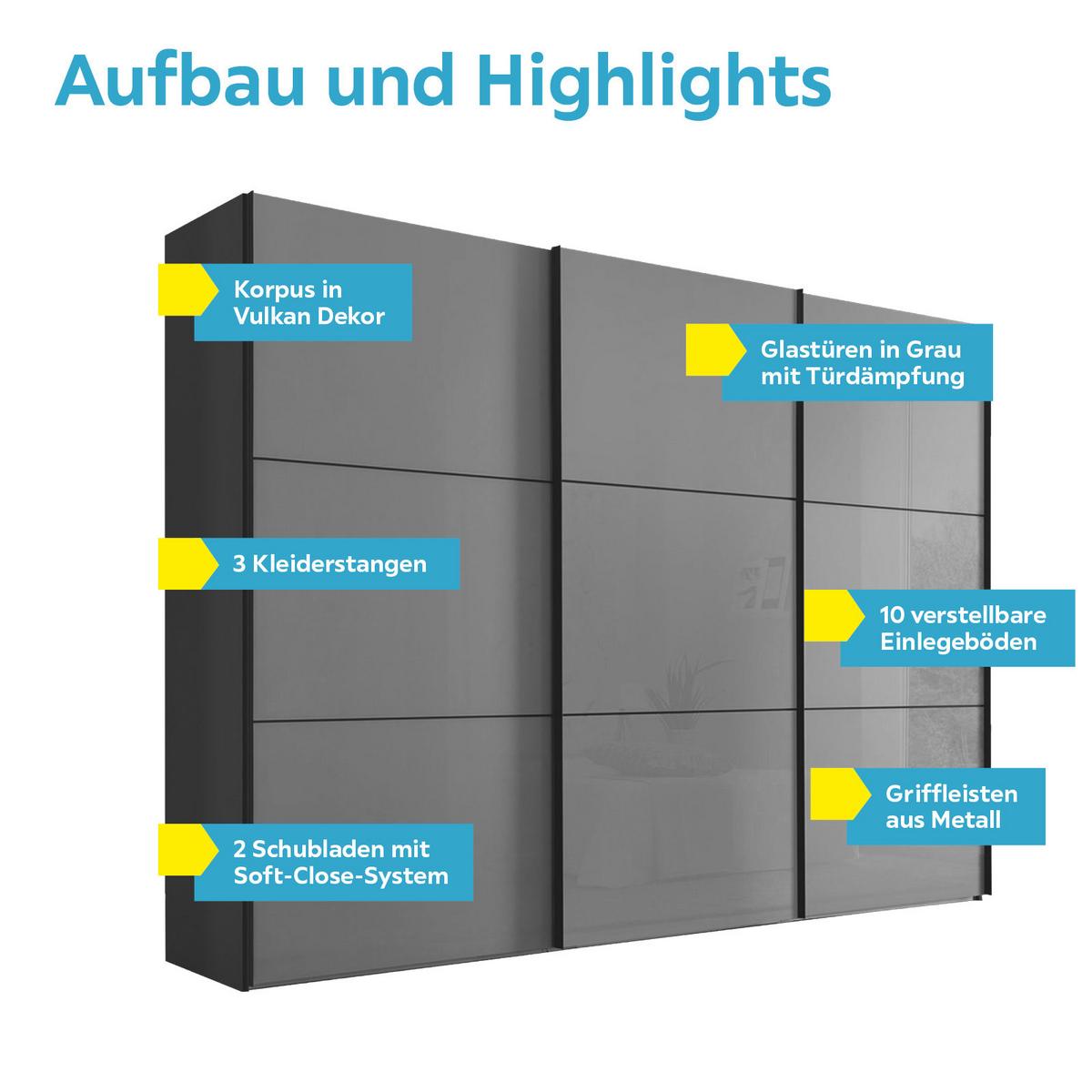 Schwebetürenschrank Glasfront 336 Cm Includo, Hellgrau - Dunkelgrau/Hellgrau, MODERN, Glas/Holzwerkstoff (336/222/68cm)
