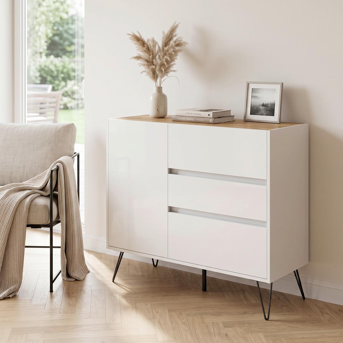 Sideboard Posseik Industrial Weiß/Eichefarben B: 99 cm - Weiß Hochglanz/Eichefarben, Design, Holzwerkstoff (99/93,6/42cm) - MID.YOU