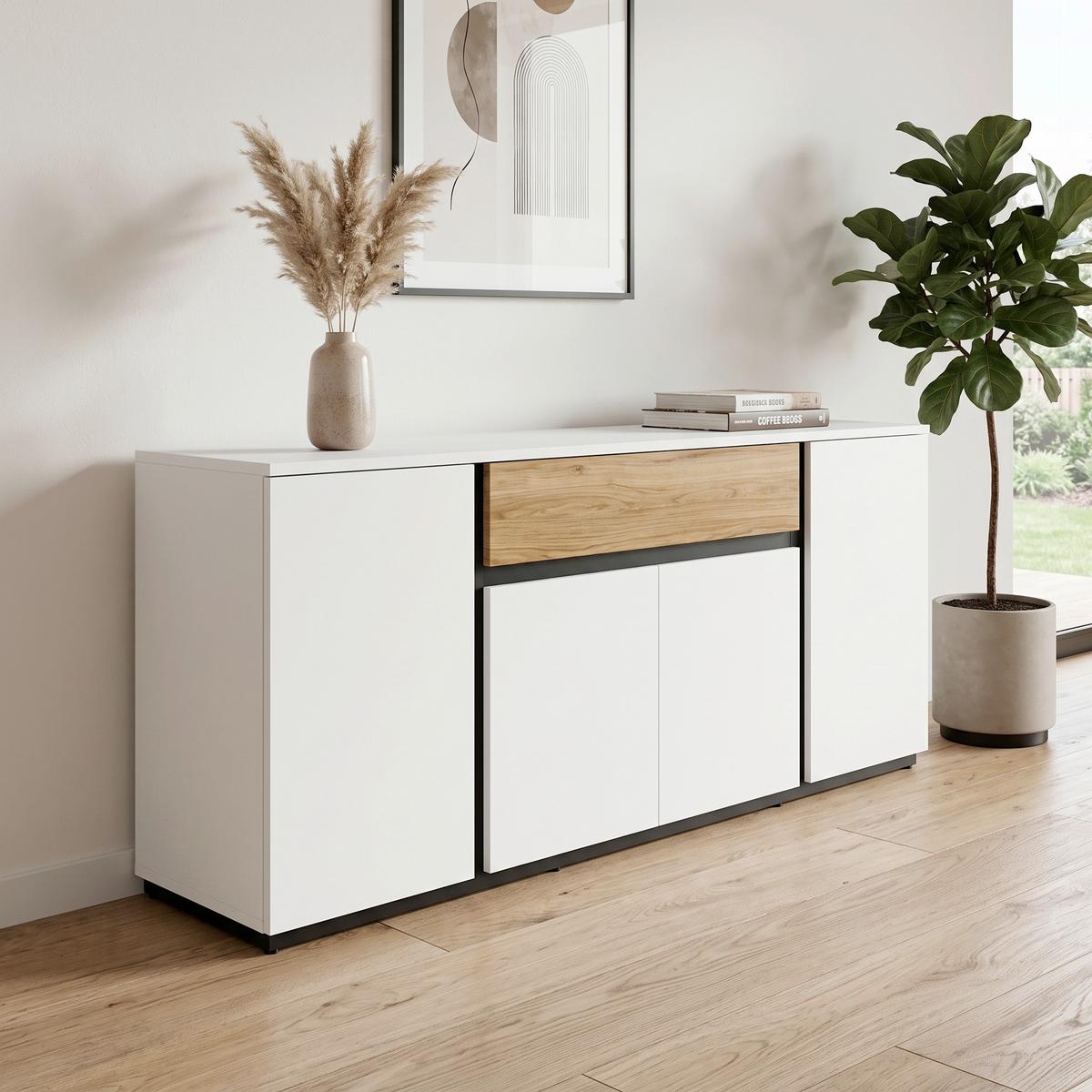 Sideboard Novena Alpinweiß B: 208,8 cm - Eichefarben/Schwarz, Trend, Holzwerkstoff (209/87/40cm)