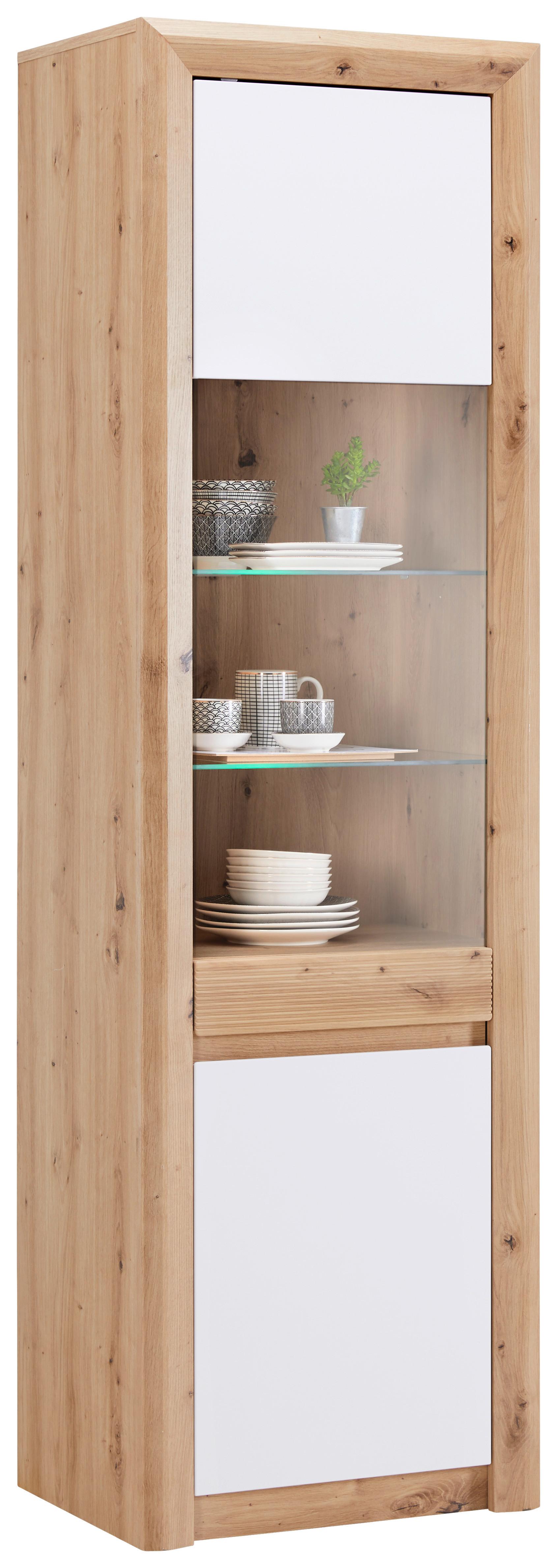 Vitrine Kashmir New B: 57 cm inkl. LED, Eiche Dekor/Weiß - Eichefarben/Schwarz, MODERN, Glas/Holzwerkstoff (57/192/41cm) - James Wood