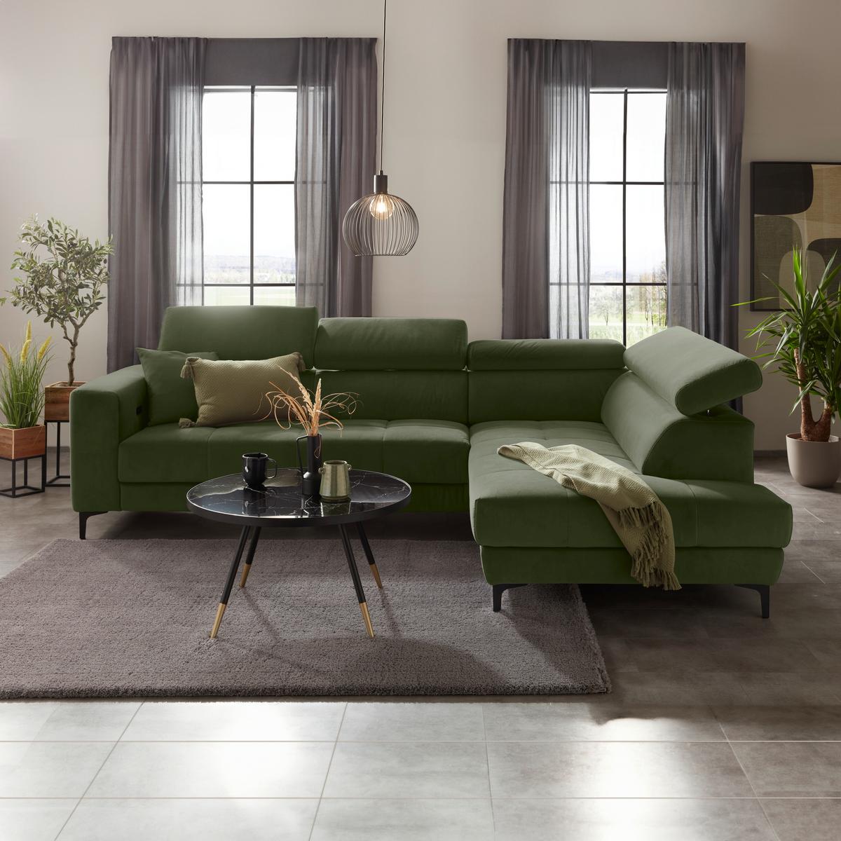 Rohová sedačka EMMA, pravá, oliv.zel.,op.hl.,USB,el.výsuv - černá/olivově zelená, Moderní, textil (301/210cm) - Premium Living