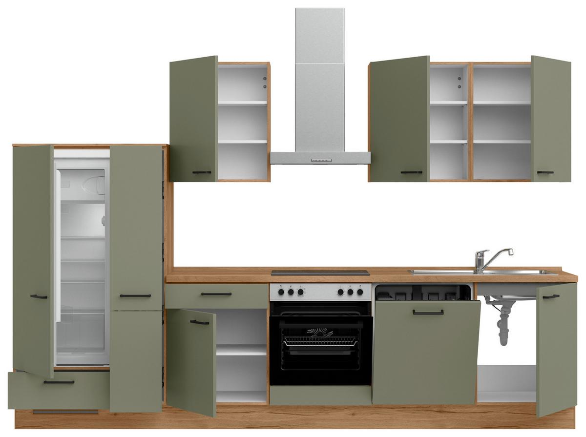 Kuchyňská linka 330 cm, olivově zelená - barvy dubu/černá, Moderní, kov/kompozitní dřevo (330cm) - Nobilia