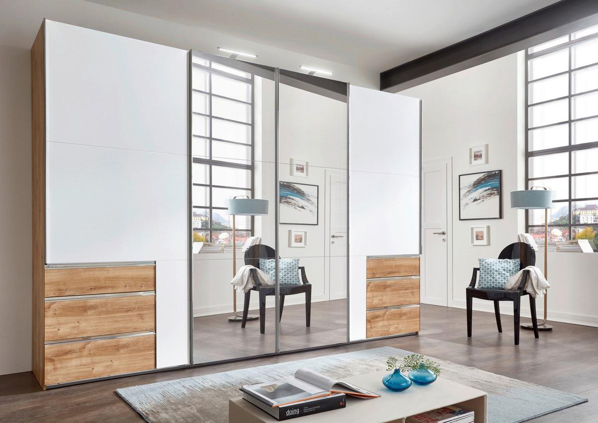 Schwebetürenschrank Level 36 A Weiß/Eiche Dek/Spiegel,b:300cm - Eichefarben/Weiß, MODERN, Glas/Holzwerkstoff (300/216/65cm) - MID.YOU