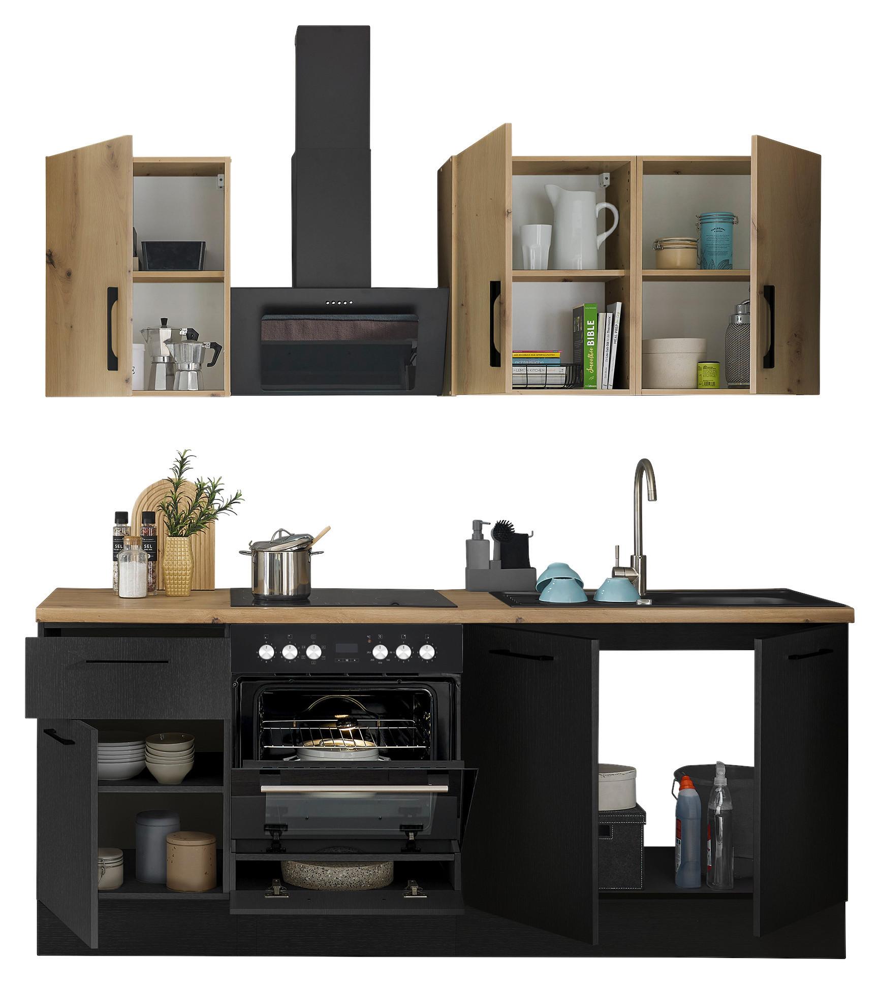 Küchenblock Turin Schwarz/Eiche Dekor B: 210 cm - Schwarz/Eiche Artisan, Basics, Holzwerkstoff (210cm) - MID.YOU