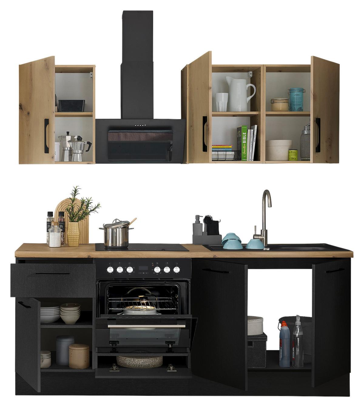 Küchenblock Turin Schwarz/Eiche Dekor B: 210 cm - Schwarz/Eiche Artisan, Basics, Holzwerkstoff (210cm) - MID.YOU