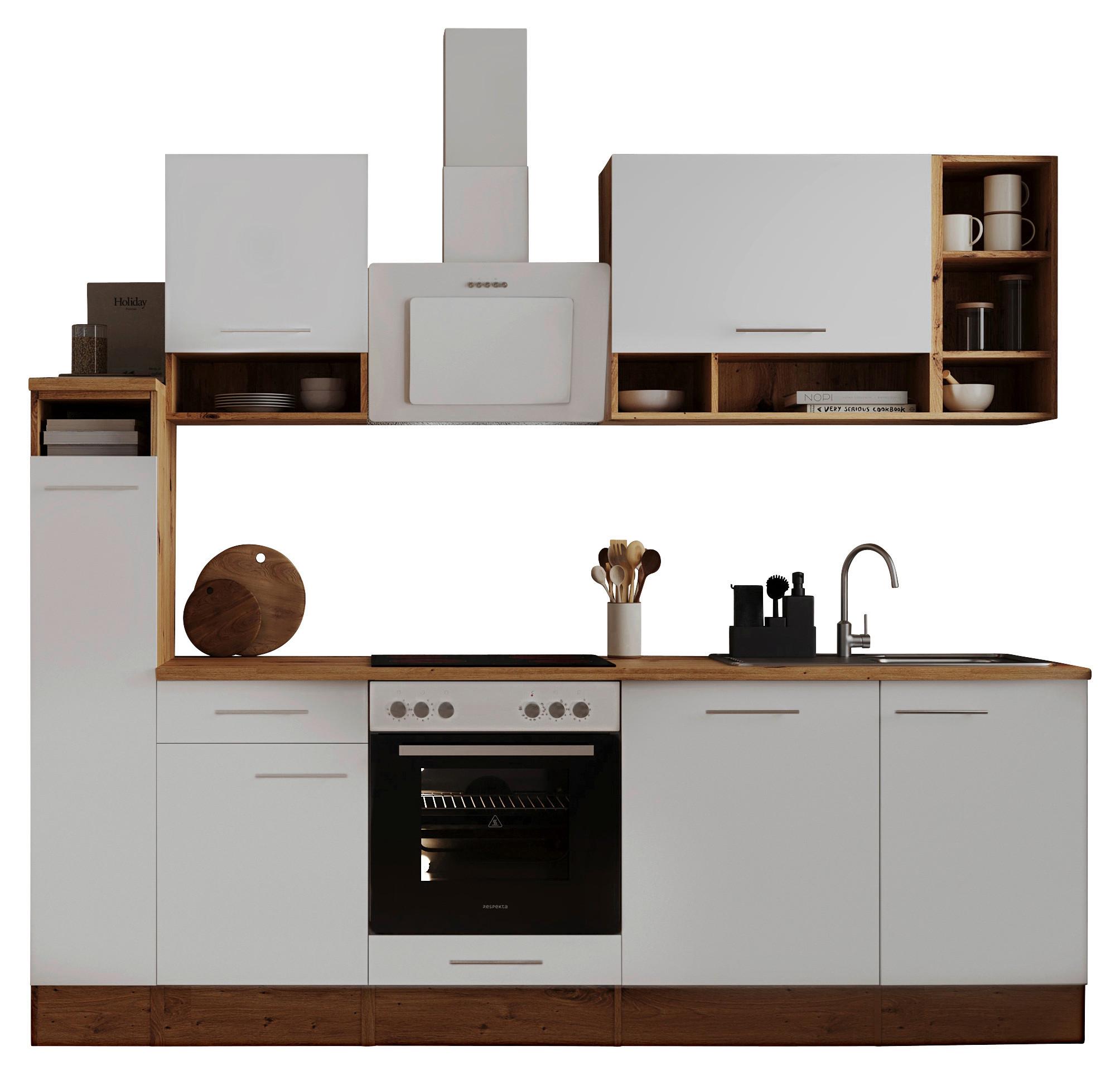 Küchenzeile mit Geräten B: 250 cm Weiß/Eiche Dekor - Eichefarben/Weiß, Basics, Holzwerkstoff (250cm) - Respekta