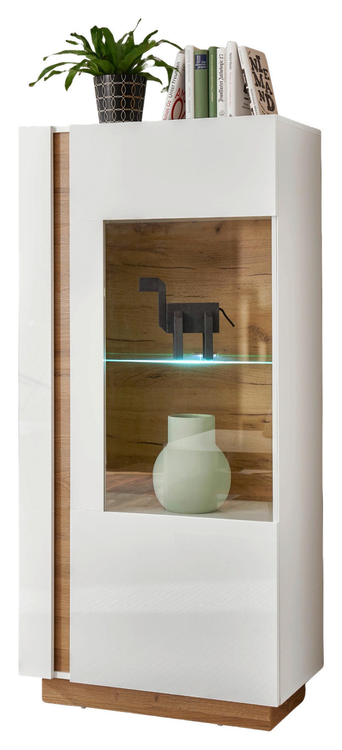 Vitrine Clair Weiß/eiche Dekor B: 72cm - Eichefarben/Weiß, Design, Glas/Holzwerkstoff (72/154/40cm) - MID.YOU