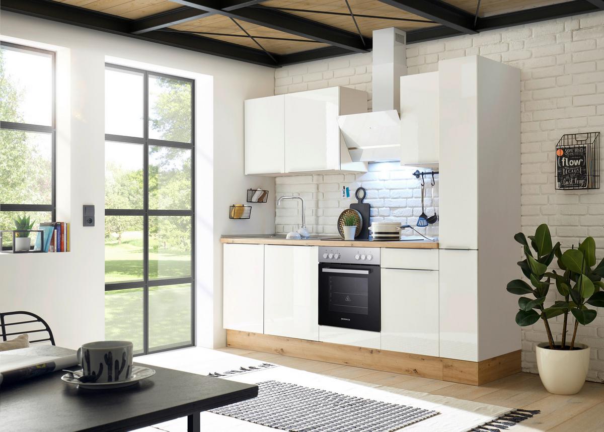 Küchenzeile mit Geräten B: 250 cm Weiß/Eiche Dekor - Weiß Hochglanz/Weiß, LIFESTYLE, Holzwerkstoff (250cm) - Respekta