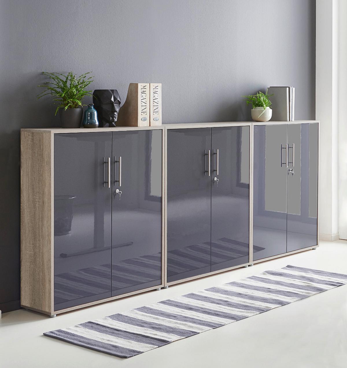 Aktenschrank Office Edition Anthr. Hg/eiche D. B. 253,2cm - Anthrazit Hochglanz/Sonoma Eiche, MODERN, Holzwerkstoff (253,2/113,6/33cm) - MID.YOU