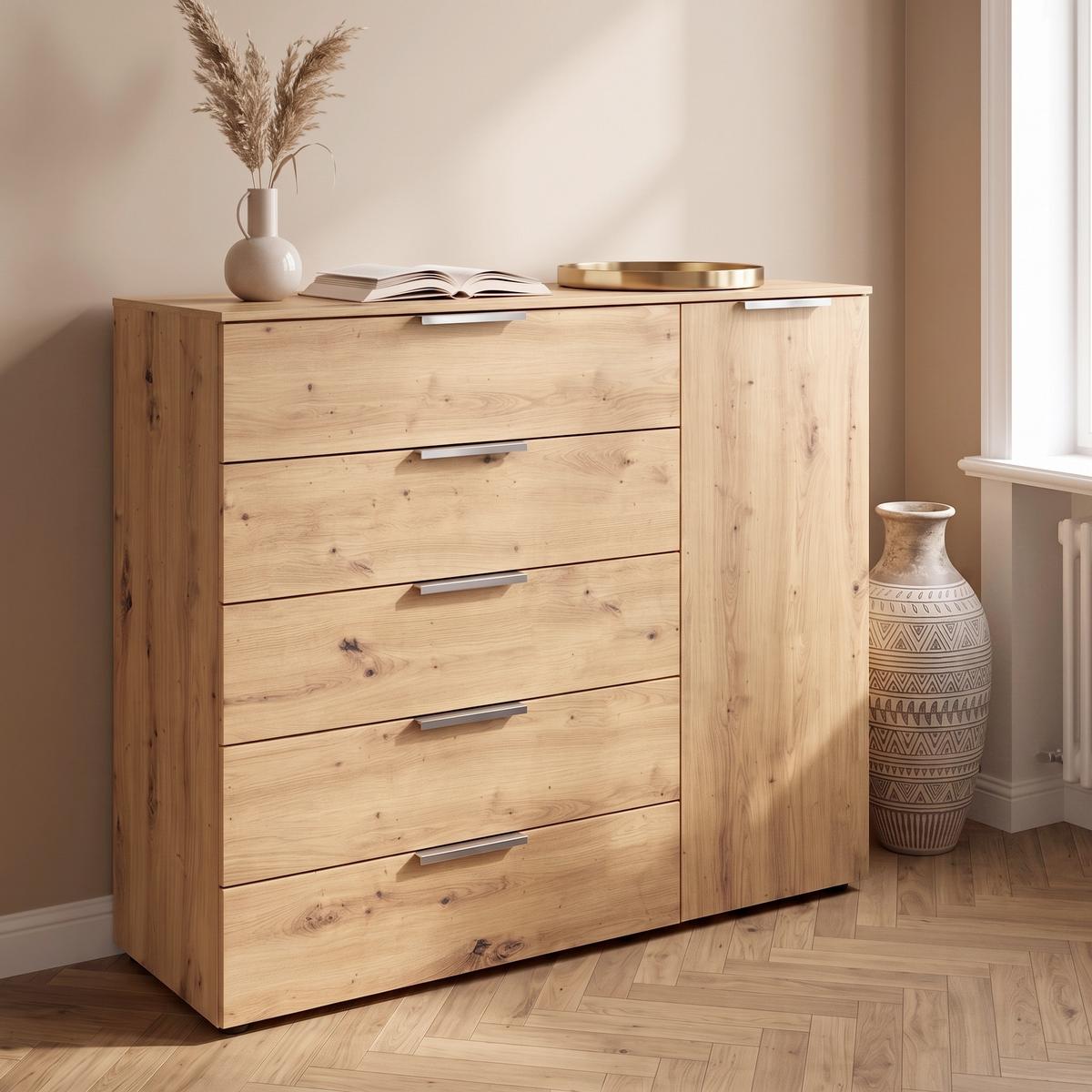 Kommode Flipp Eiche/Chromfarben B: 120 cm - Chromfarben/Schwarz, MODERN, Holzwerkstoff (120/100/42cm) - Rauch Möbel