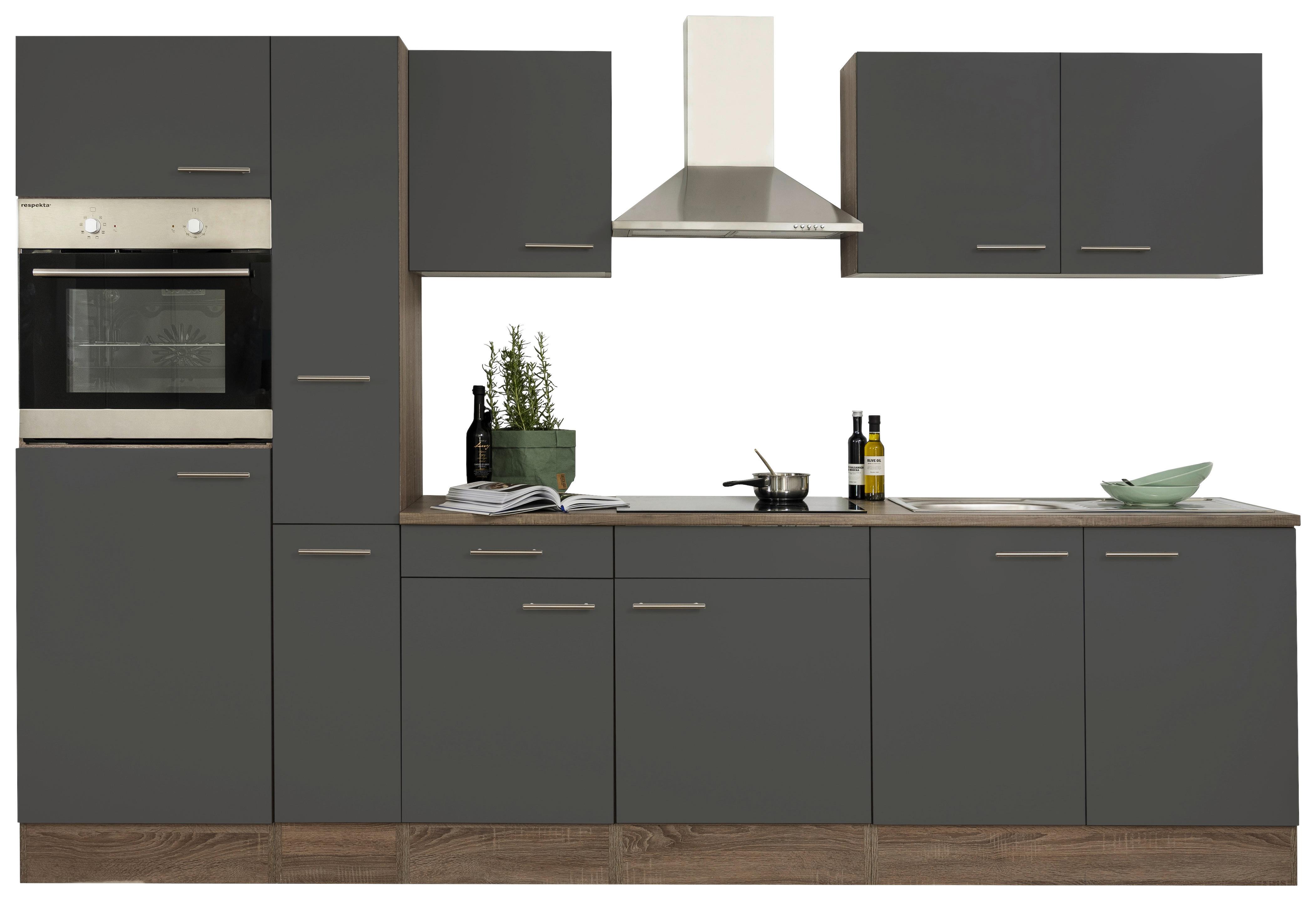 Küchenzeile mit Geräten B: 300 cm Grau/Eiche Dekor - Eichefarben/Weiß, Design, Holzwerkstoff (300cm) - Respekta