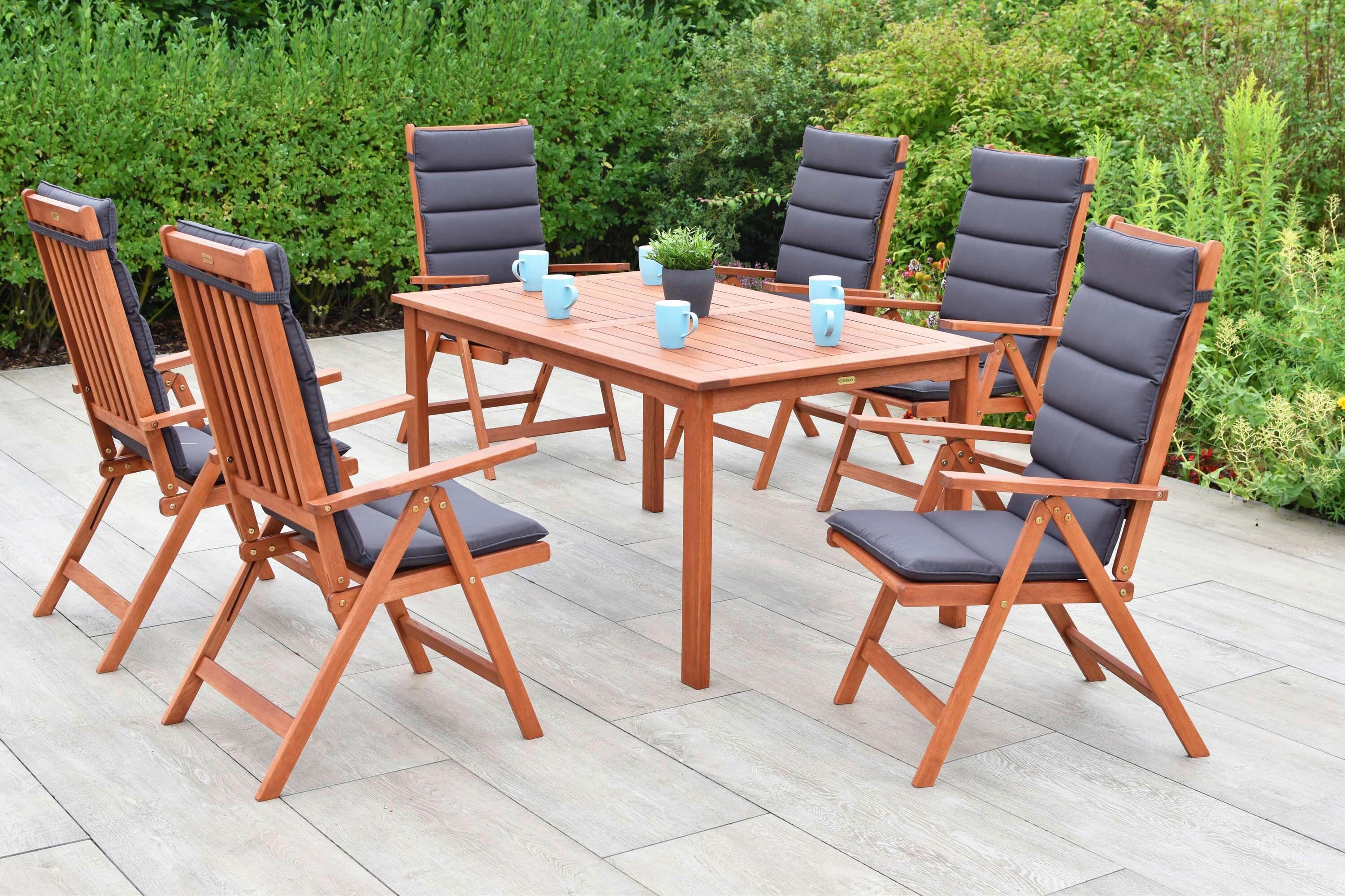 Gartentischgruppe Vitoria 7--Teilig. aus Holz mit Auflagen - Eukalyptusholzfarben/Grau, KONVENTIONELL, Holz/Textil - Gardenson