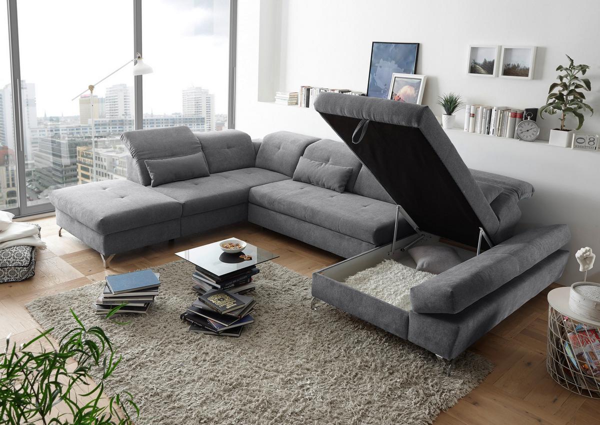 Ecksofa Melfi Dunkelgrau U: 245 cm - Dunkelgrau/Silberfarben, MODERN, Textil (245/350/168cm) - MID.YOU