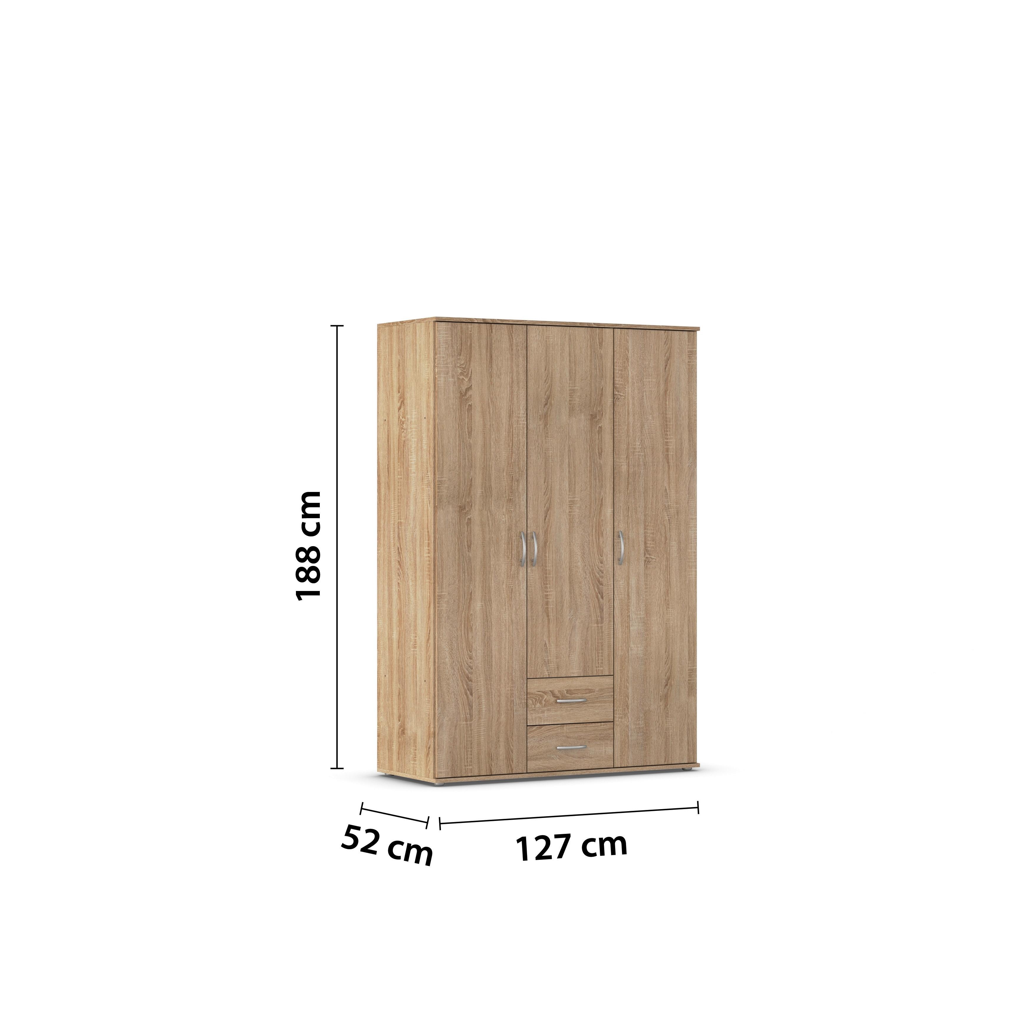 Kleiderschrank Paul 3 - Eichefarben, KONVENTIONELL, Holzwerkstoff (127/188/52cm)