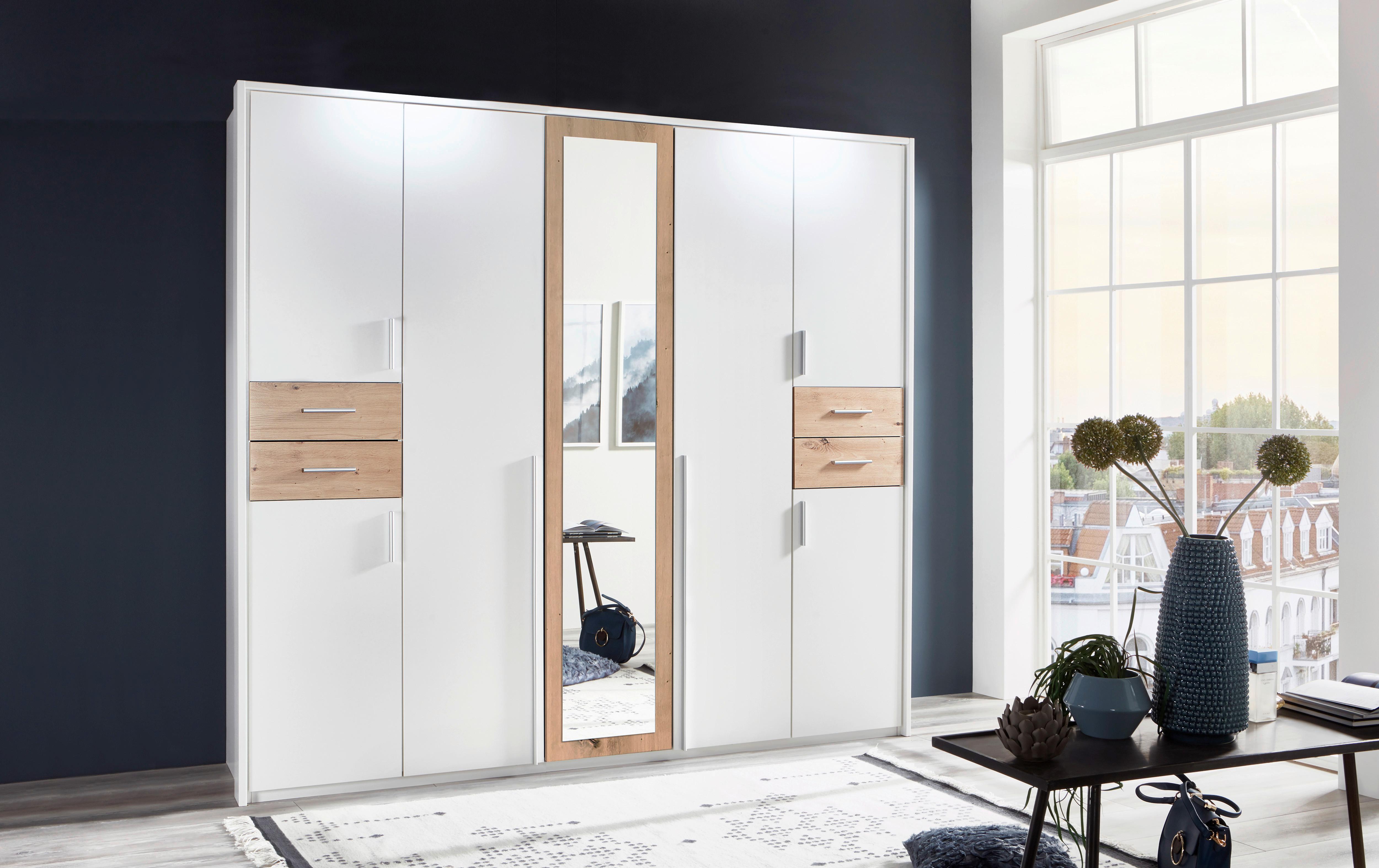 Drehtürenschrank Mit Spiegel + Laden B: 225 cm Vegas, Weiß - Eiche Artisan/Weiß, Basics, Holzwerkstoff (225/208/58cm) - MID.YOU