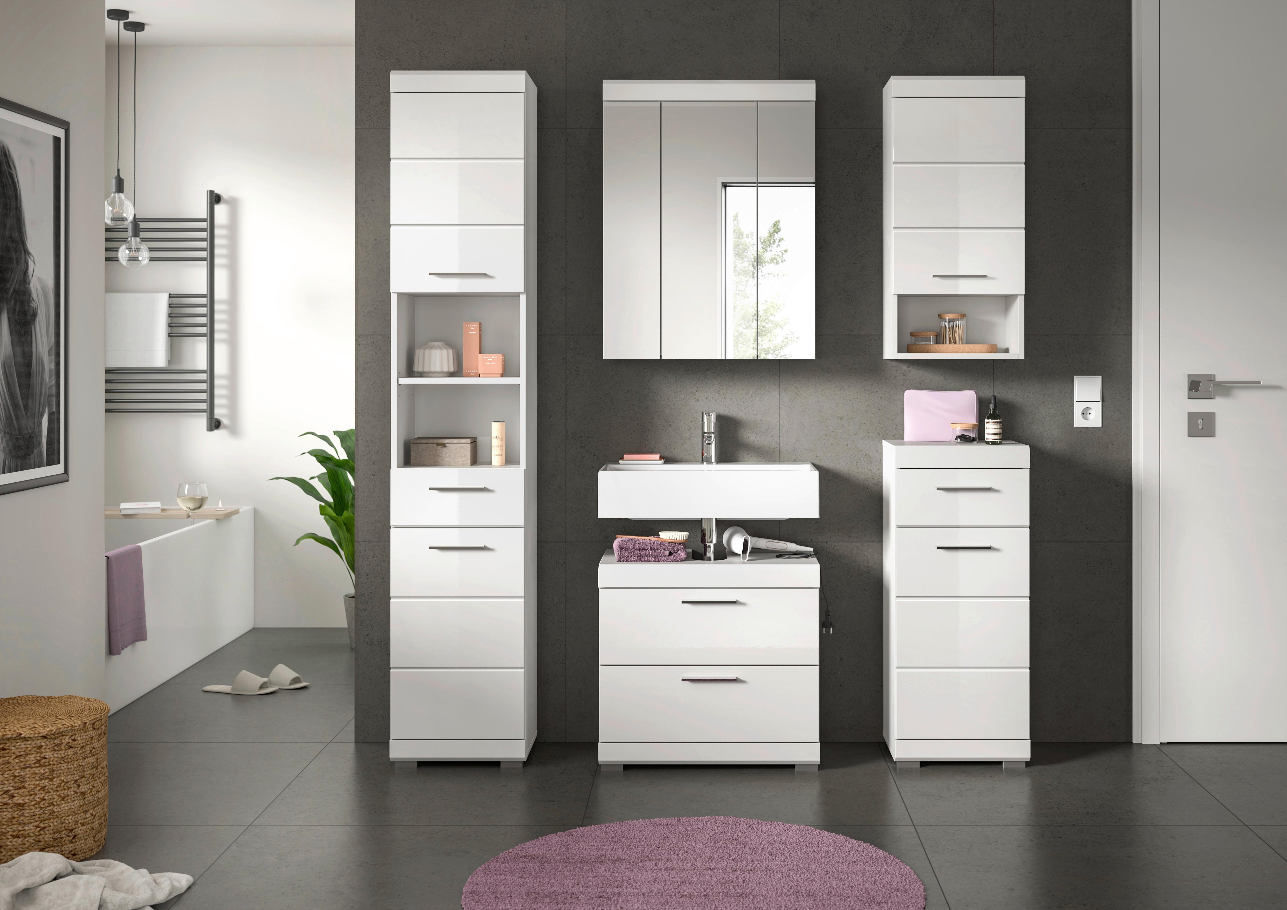 Badezimmer Scout Weiß B: 134 cm - Weiß Hochglanz/Silberfarben, MODERN, Glas/Holzwerkstoff (134cm) - MID.YOU