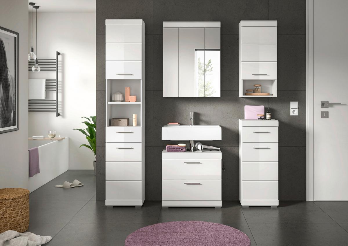Badezimmer Scout Weiß B: 134 cm - Weiß Hochglanz/Silberfarben, MODERN, Glas/Holzwerkstoff (134cm) - MID.YOU
