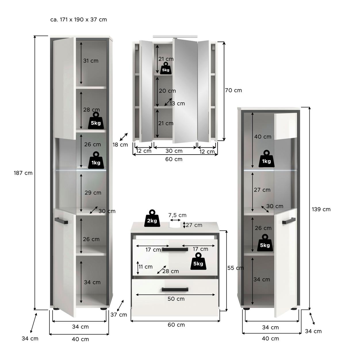 Badezimmer Kojak Schwarz/weiß K: 140 Cm - Weiß Hochglanz/Schwarz, MODERN, Holzwerkstoff (140cm) - MID.YOU