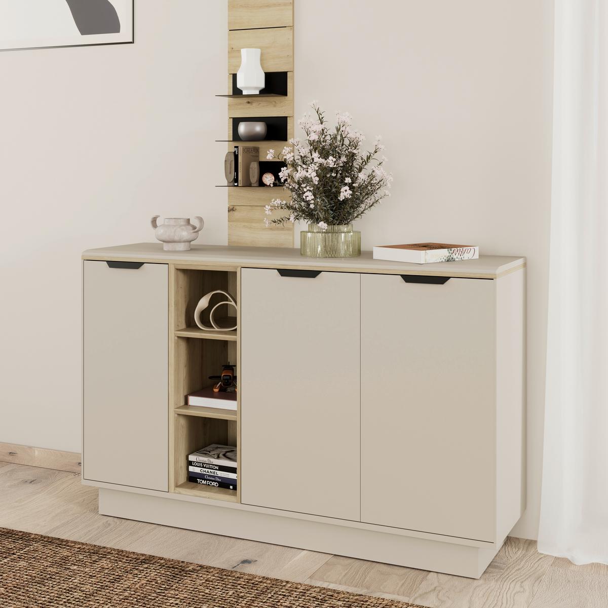 Sideboard Darius Eiche Artisan/Kashmir,B:139cm - Kaschmir/Schwarz, Trend, Holzwerkstoff (138,9/87,4/37cm)