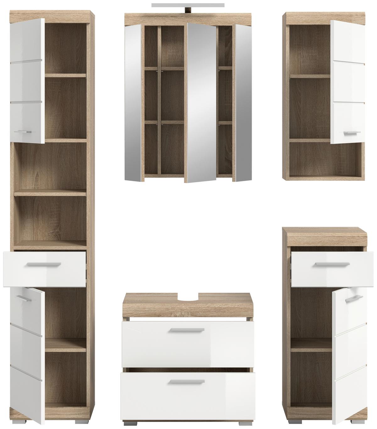 Badezimmer Lambada Eiche Dekor/weiß B: 134 Cm - Weiß Hochglanz/Silberfarben, MODERN, Glas/Holzwerkstoff (134cm) - MID.YOU