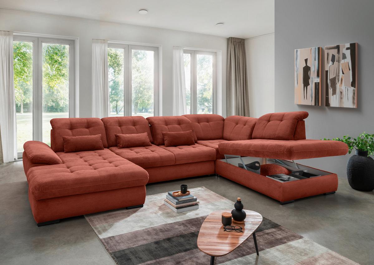 Wohnlandschaft Mit Bettkasten Rigatti Koralle B: 387 Cm - Koralle/Schwarz, MODERN, Textil (184/387/252cm) - Livetastic