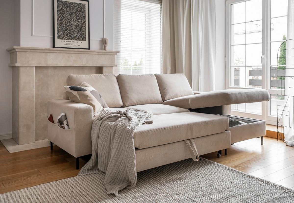 Rohová sedačka LEONIE, pravá, béžový manšestr - černá/béžová, Design, kov/dřevo (236/148cm)
