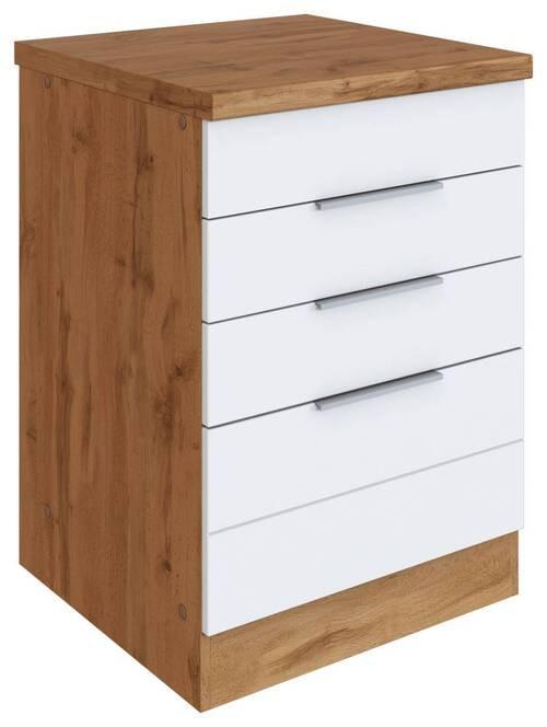 Umbauschrank für Kochfeld in Weiß und eichefarben mit 3 Schubladen